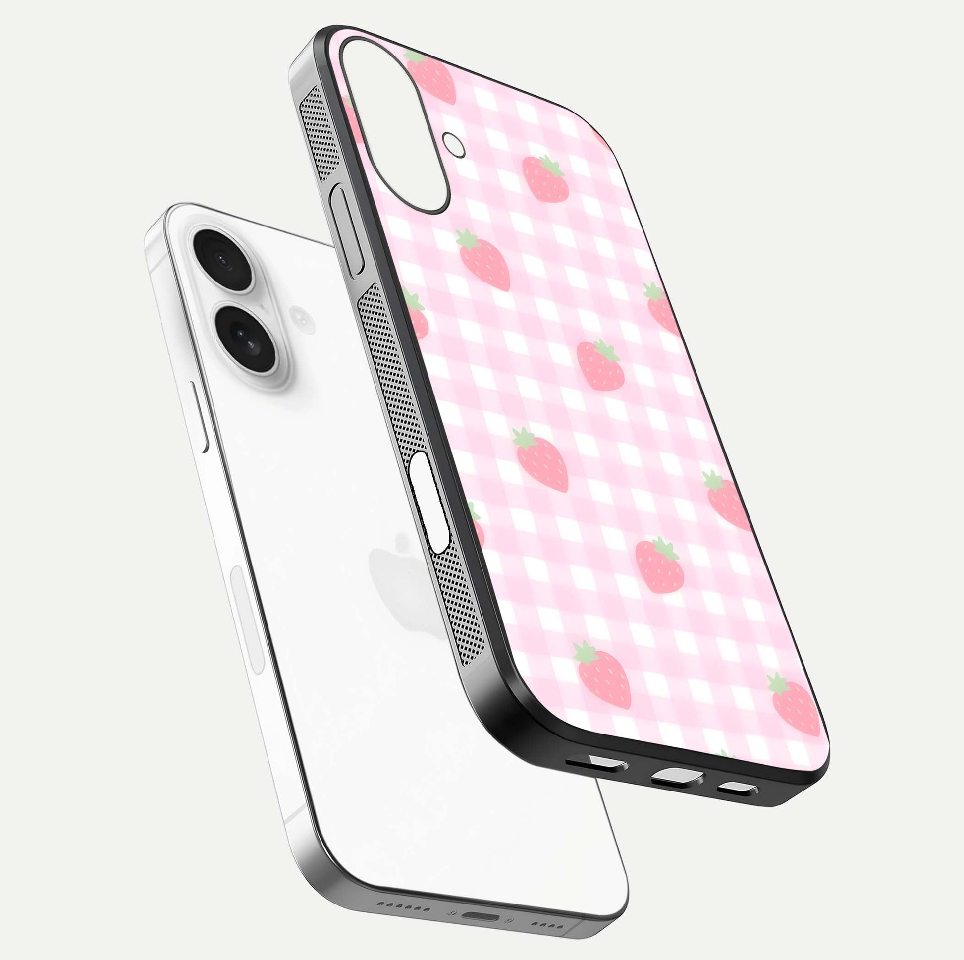 Strawberry Picnic Love iPhone 17 glass phone case floating view emphasizing glossy finish and playful charm