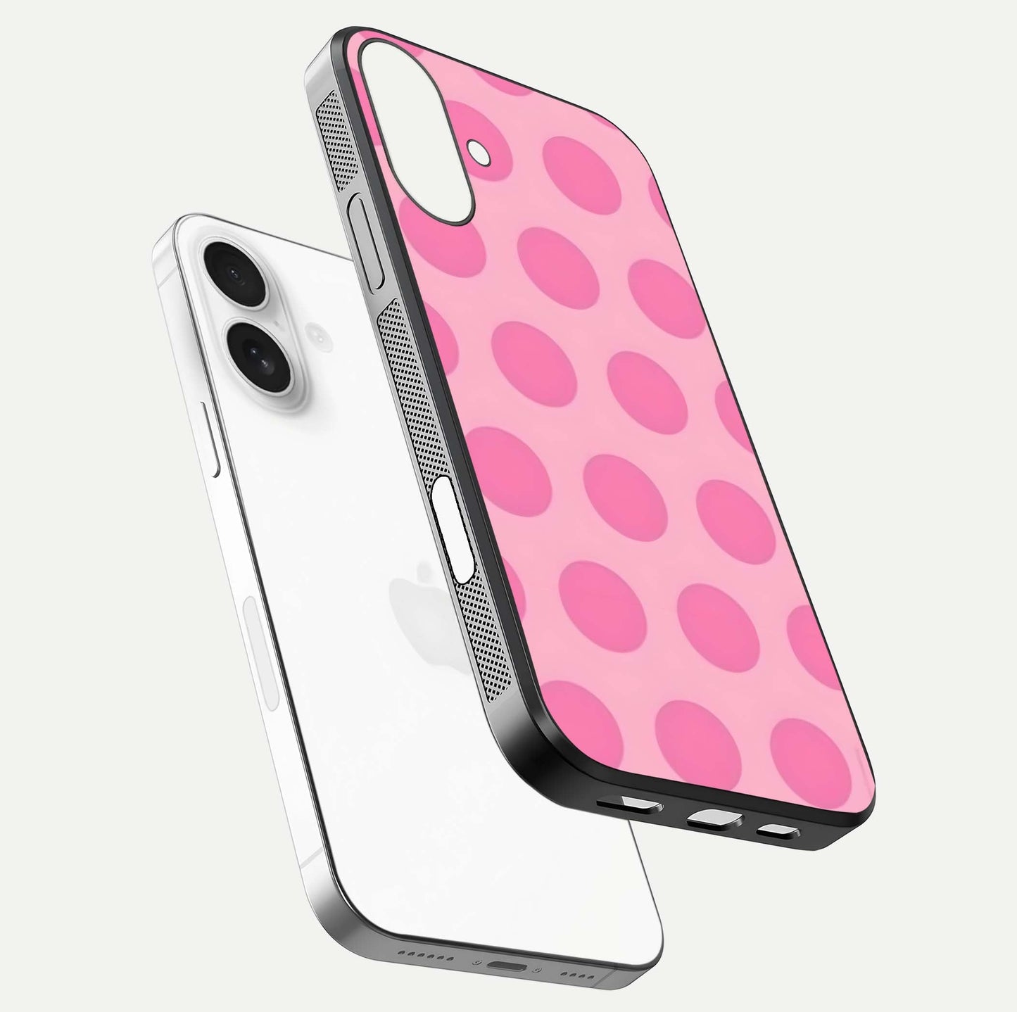 Sweet Dot Dreams iPhone 17 glass phone case floating view emphasizing glossy surface and soft playful styling