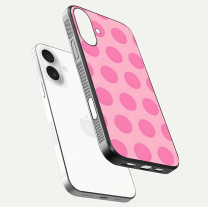 Sweet Dot Dreams iPhone 17 glass phone case floating view emphasizing glossy surface and soft playful styling