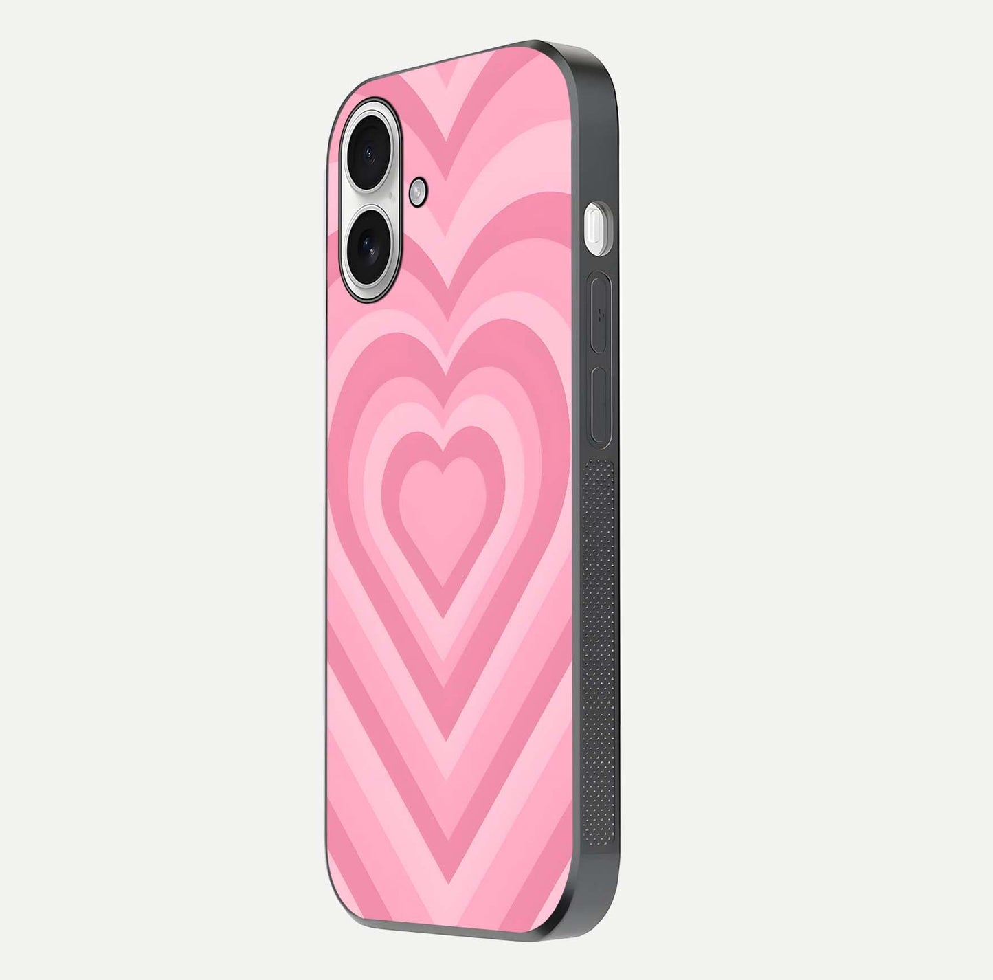 Blush Heart Waves iPhone 17 glass phone case side profile view focusing on smooth edges and elegant wrap