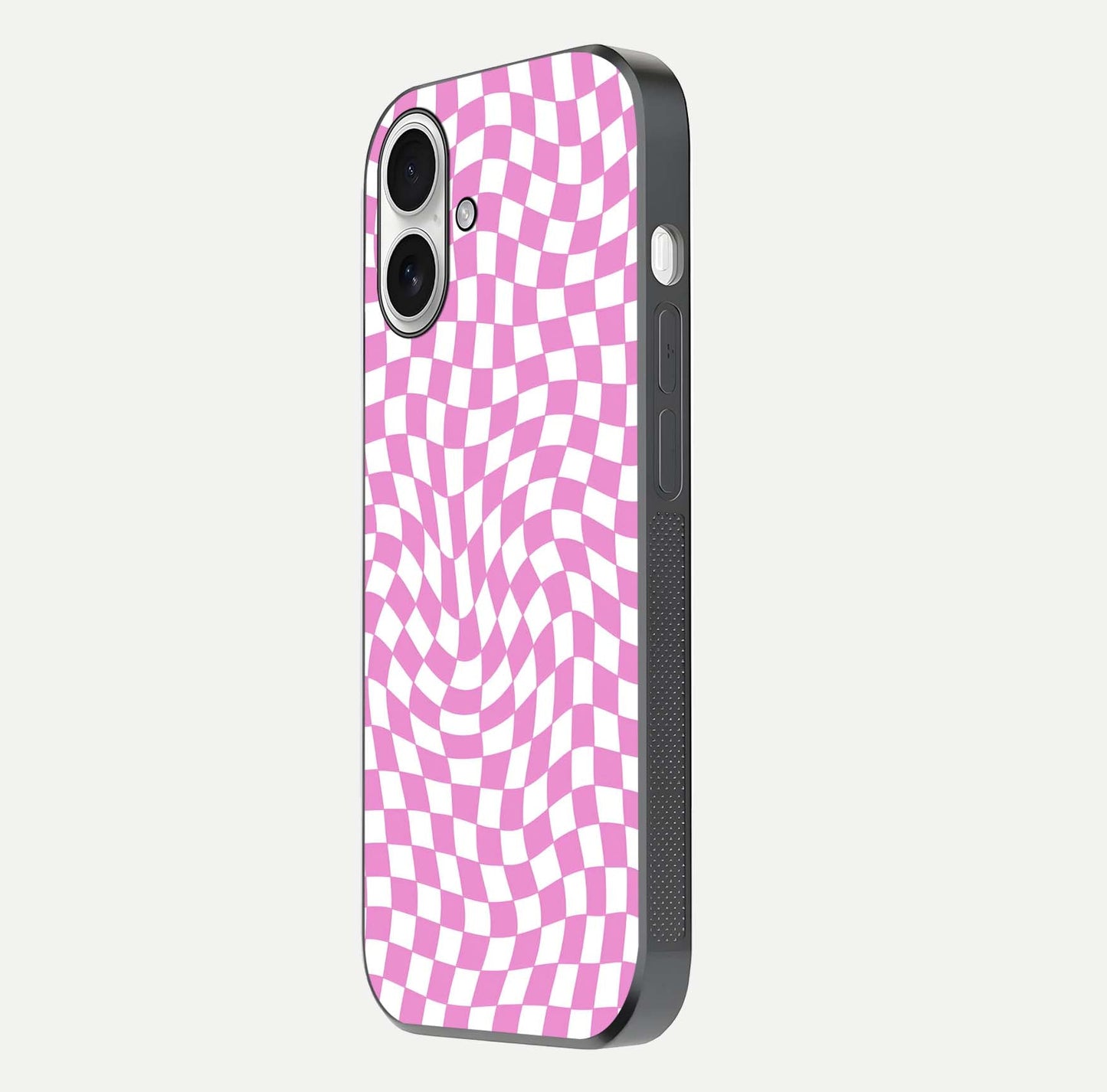 Bubblegum Check Wave iPhone 17 glass phone case side profile view focusing on smooth edges and seamless wrap