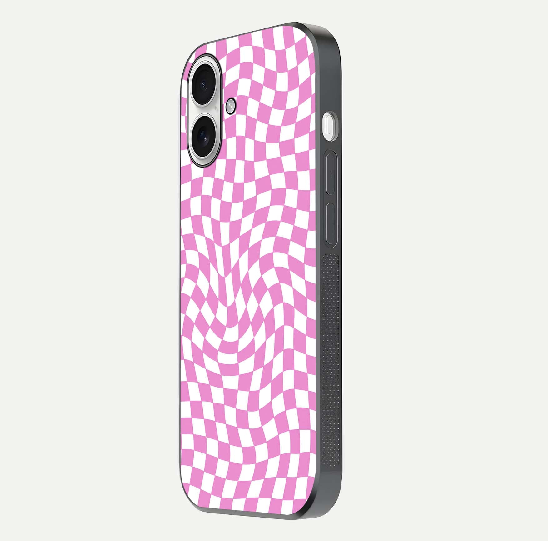 Bubblegum Check Wave iPhone 17 glass phone case side profile view focusing on smooth edges and seamless wrap