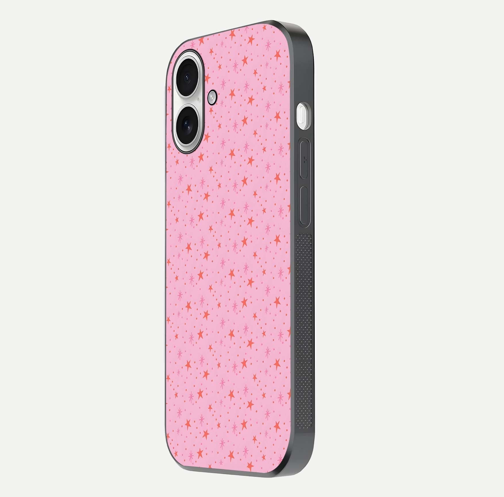 Cosmic Pink Sparkle iPhone 17 glass phone case side profile view focusing on sleek edges and seamless wrap