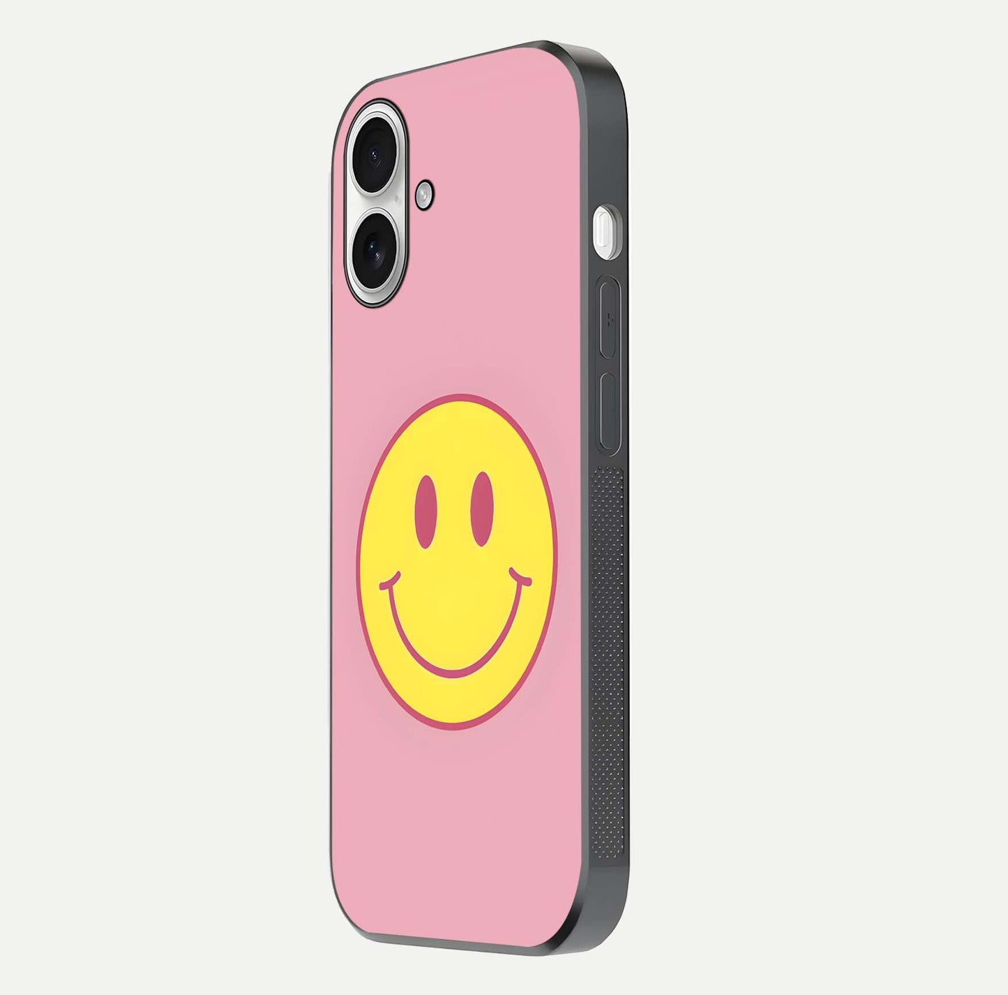 Happy Pink Mood iPhone 17 glass phone case side profile view focusing on smooth frame and clean wrap