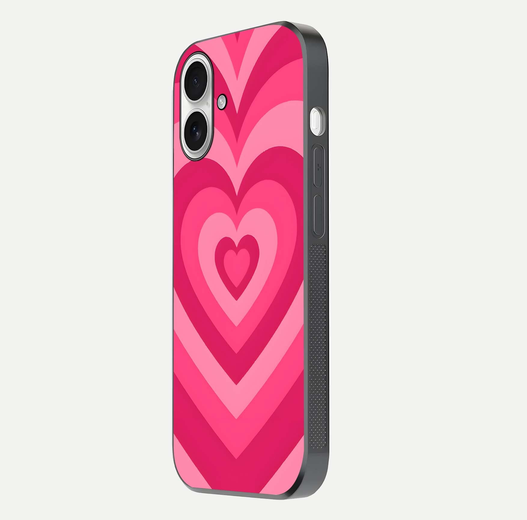 Layered Love Hearts iPhone 17 glass phone case side profile view focusing on sleek edges and seamless wrap