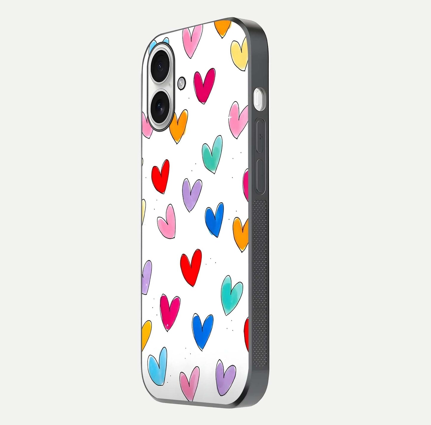 Playful Love Doodles iPhone 17 glass phone case side profile view focusing on smooth frame and seamless wrap
