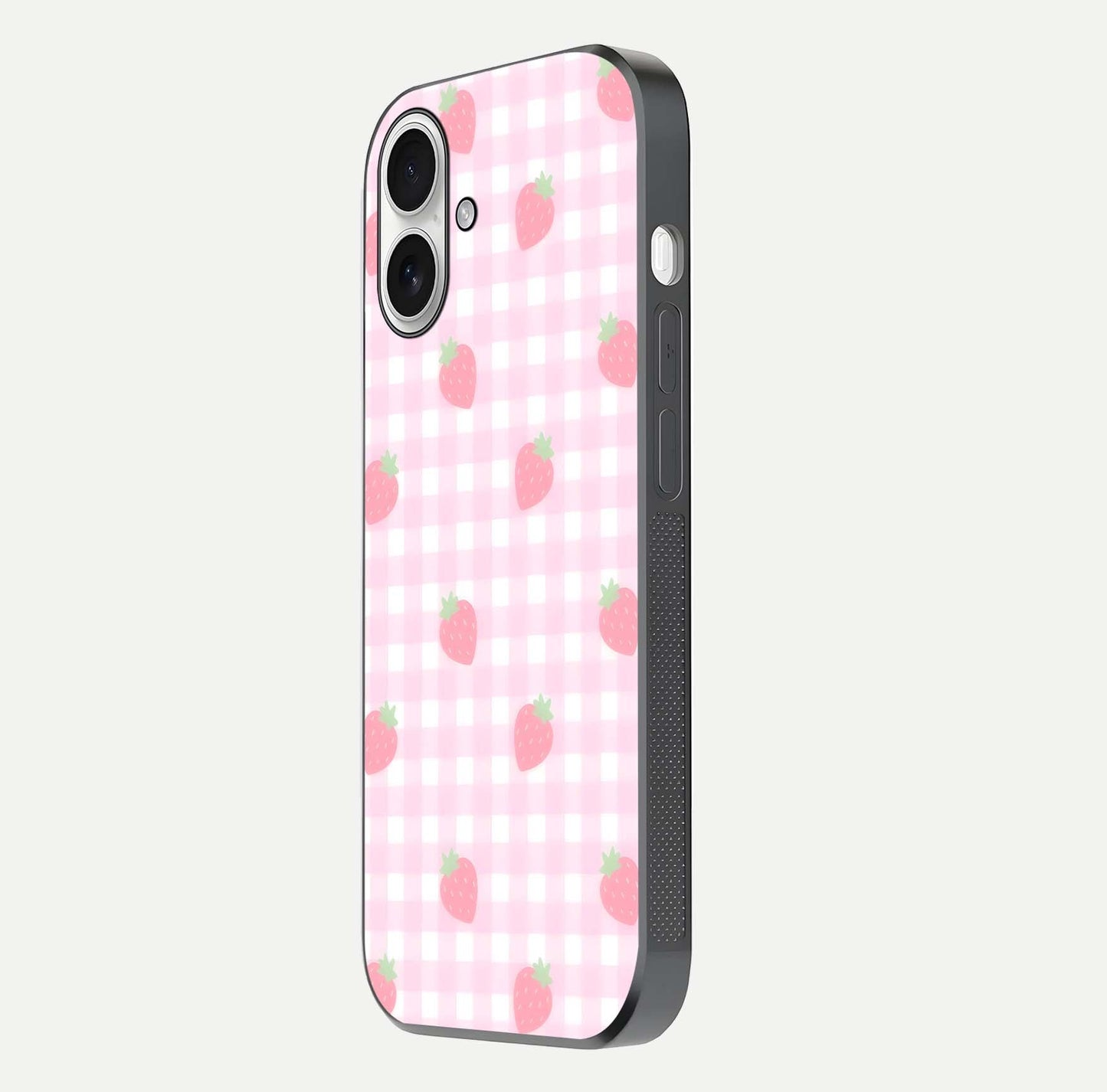 Strawberry Picnic Love iPhone 17 glass phone case side profile view focusing on smooth frame and seamless wrap
