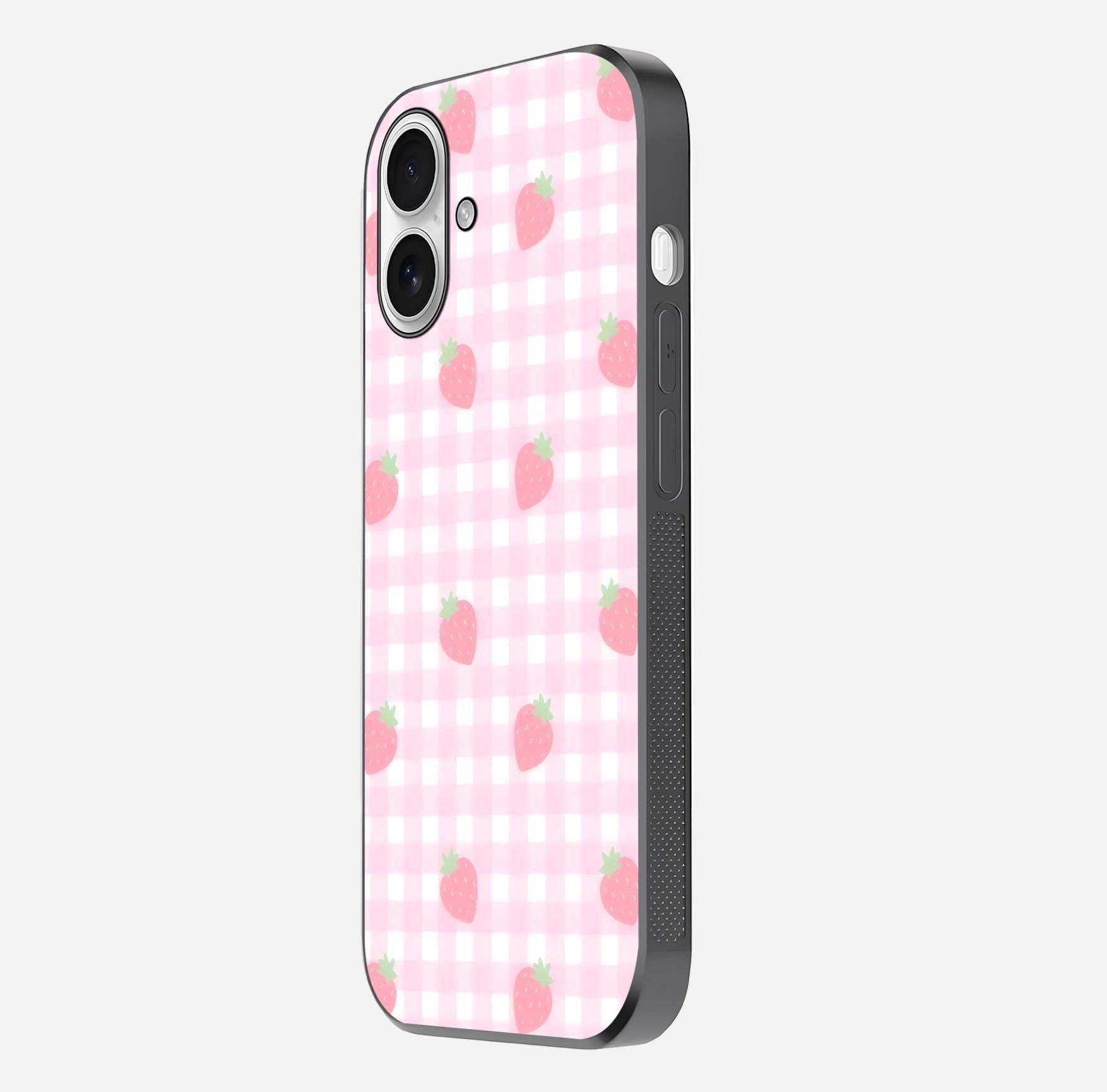 Strawberry Picnic Love iPhone 17 glass phone case side profile view focusing on smooth frame and seamless wrap