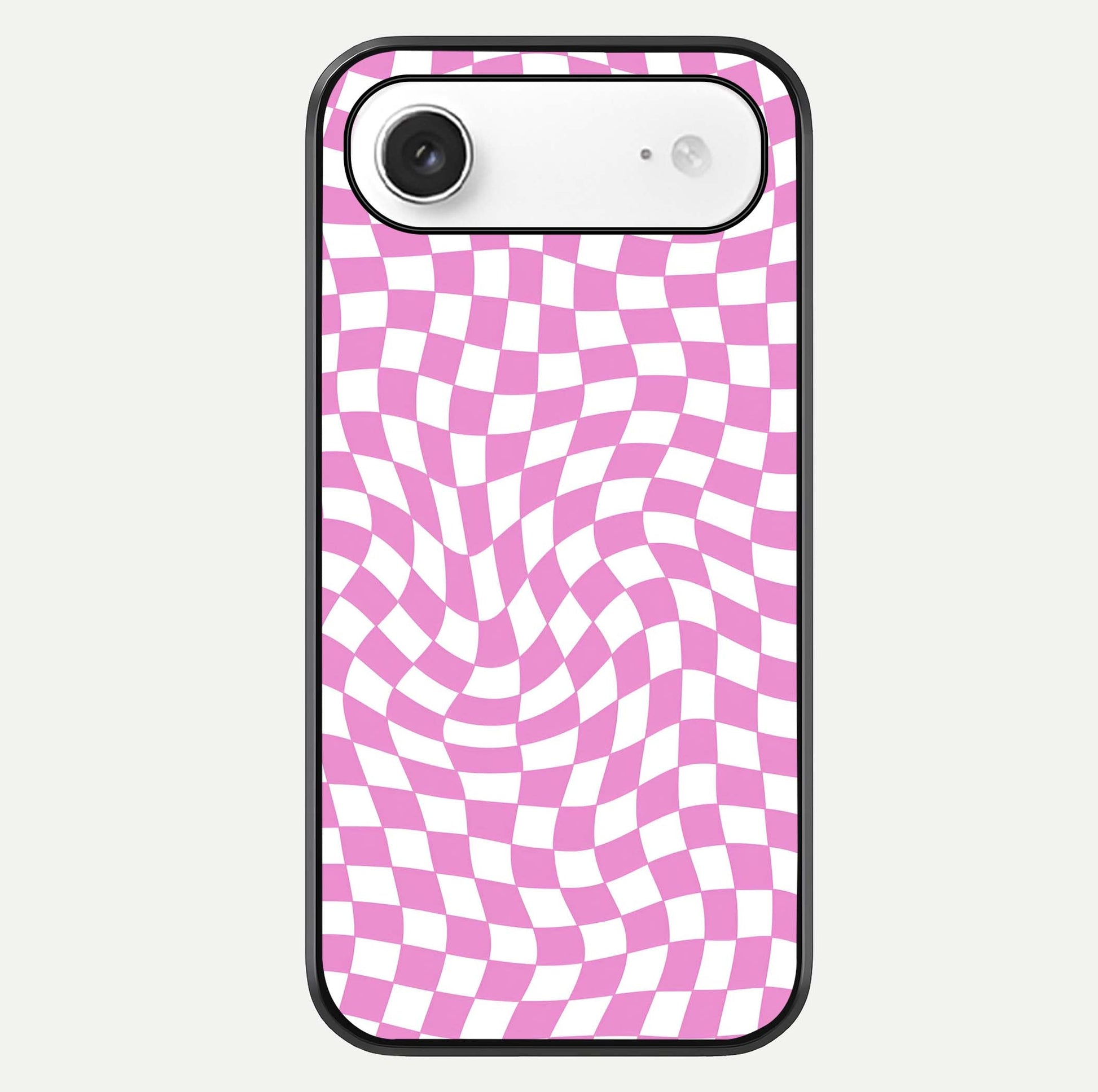 Bubblegum Check Wave iPhone Air glass phone case front view showcasing playful bubblegum check wave pattern with glossy finish