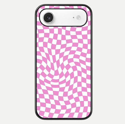 Bubblegum Check Wave iPhone Air glass phone case front view showcasing playful bubblegum check wave pattern with glossy finish