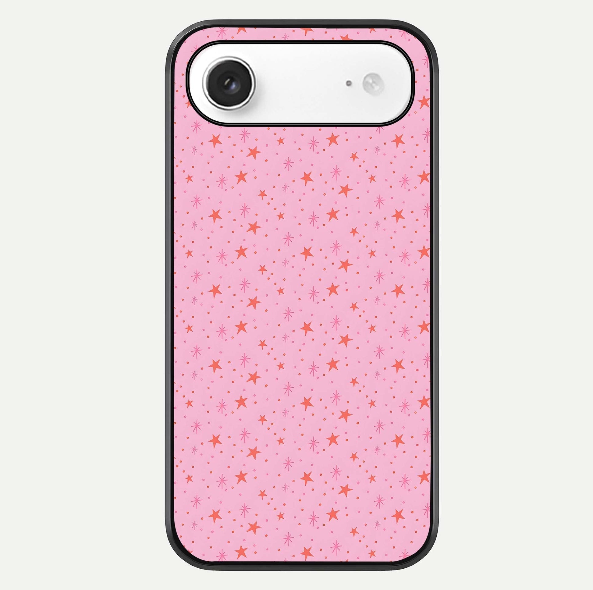 Cosmic Pink Sparkle iPhone Air glass phone case front view showcasing shimmering pink cosmic artwork with glossy finish