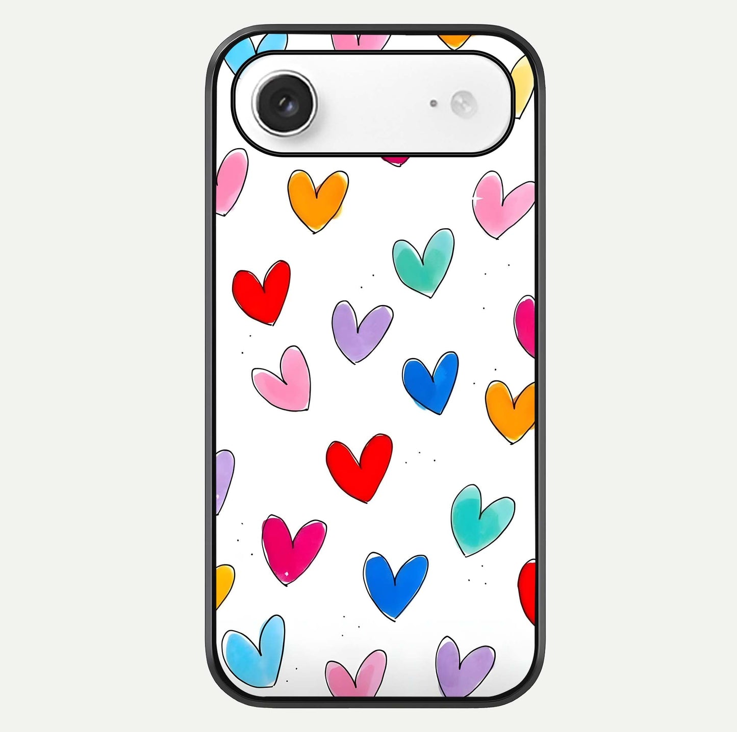 Playful Love Doodles iPhone Air glass phone case front view featuring cute love doodle illustrations with fun vibe