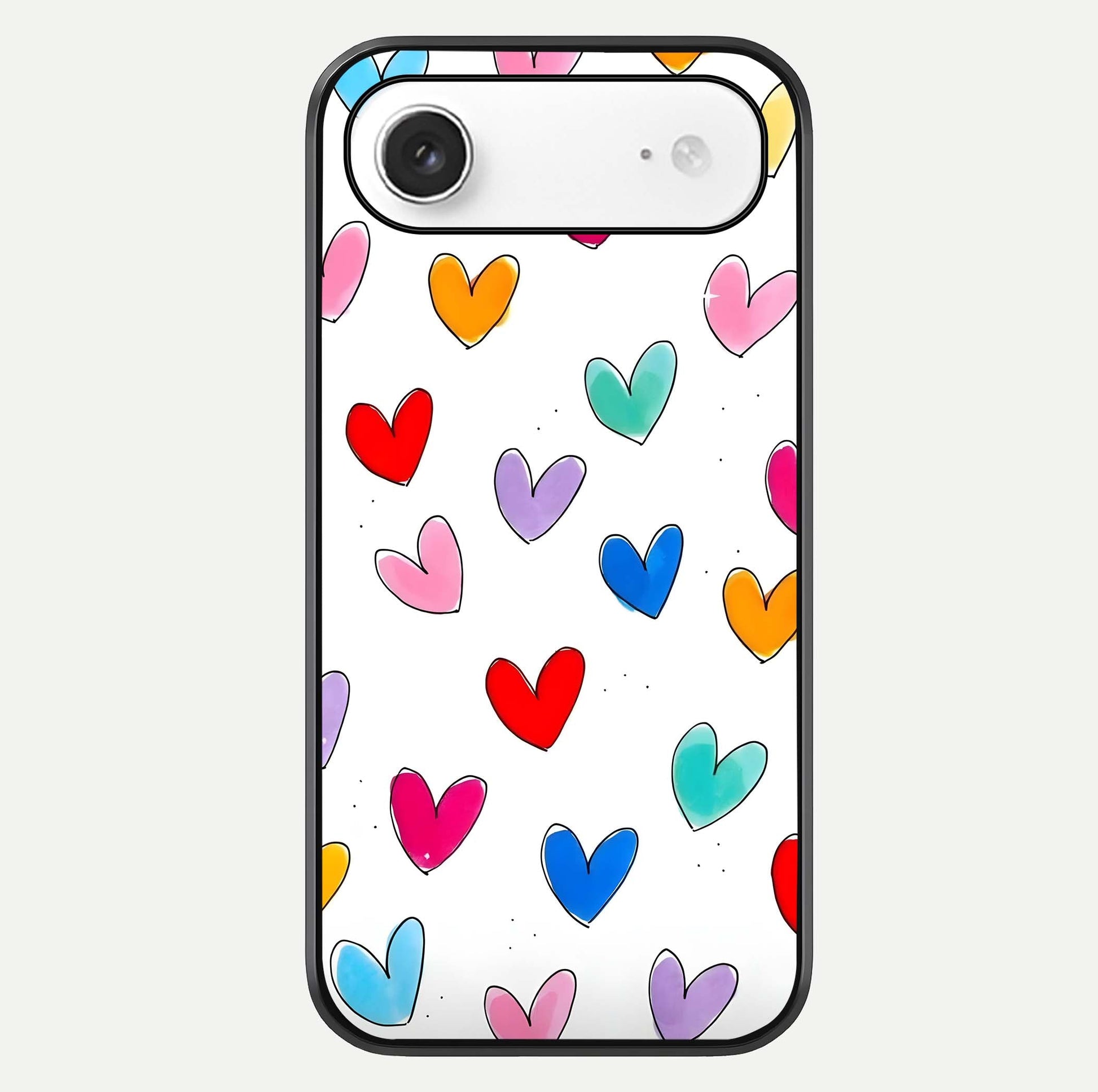Playful Love Doodles iPhone Air glass phone case front view featuring cute love doodle illustrations with fun vibe