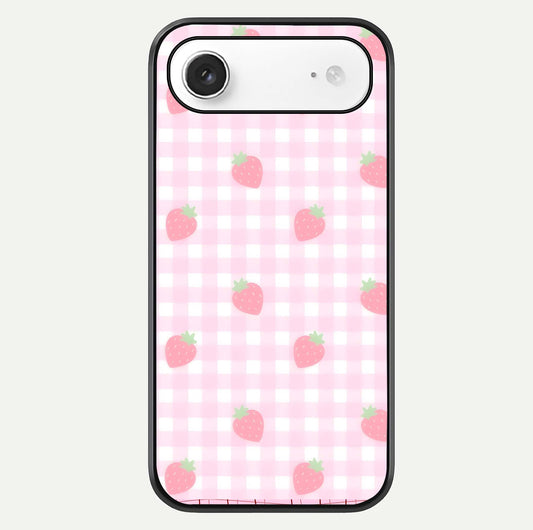 Strawberry Picnic Love iPhone Air glass phone case front view featuring cute strawberry picnic artwork with romantic vibe