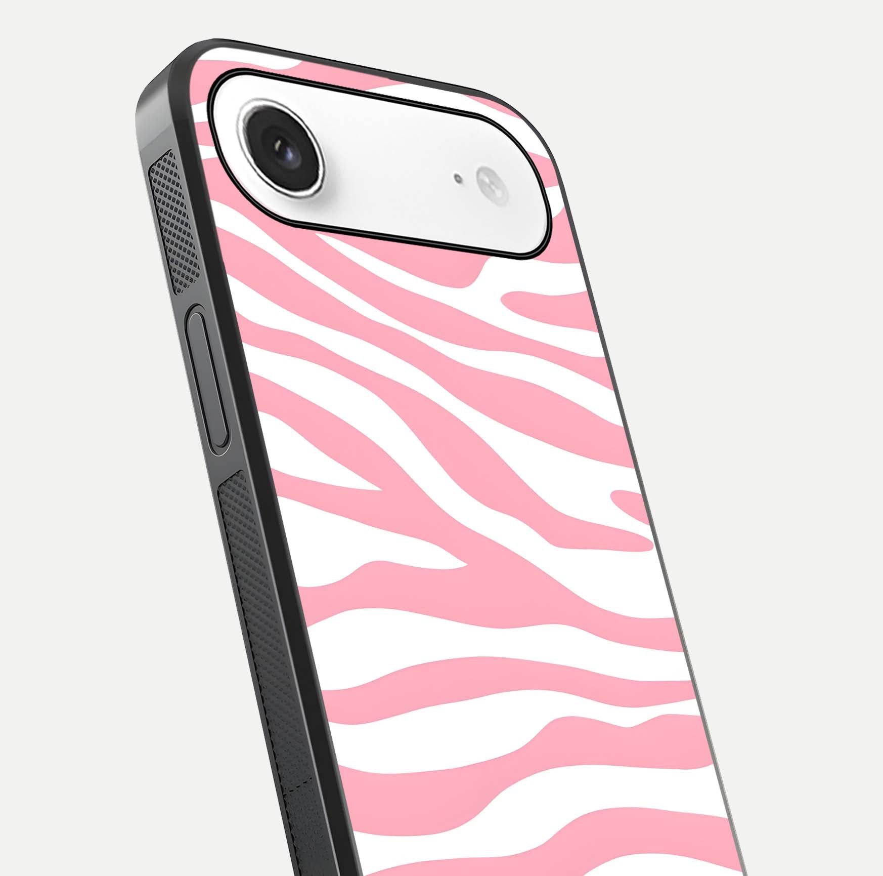 Blush Zebra Flow iPhone Air glass phone case angled back view highlighting bold zebra artwork and textured side grip