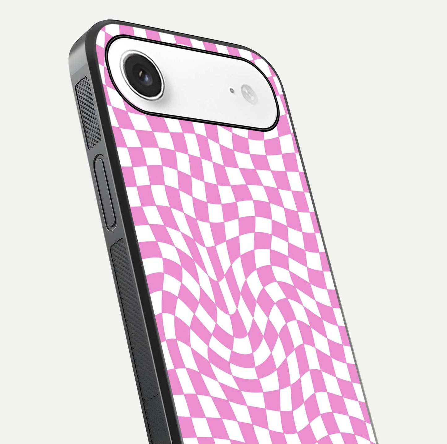 Bubblegum Check Wave iPhone Air glass phone case angled back view highlighting check wave artwork and side grip texture
