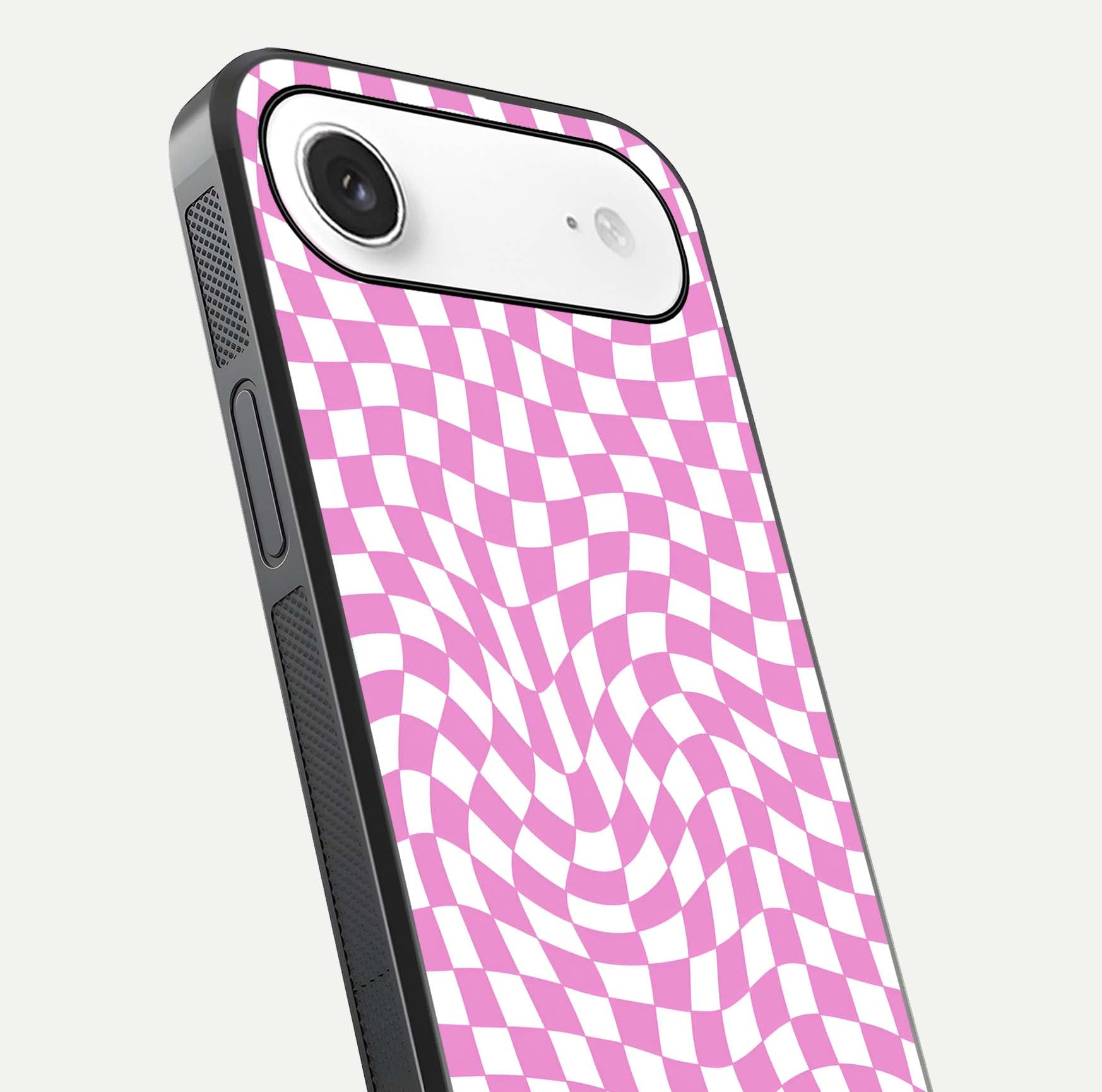 Bubblegum Check Wave iPhone Air glass phone case angled back view highlighting check wave artwork and side grip texture