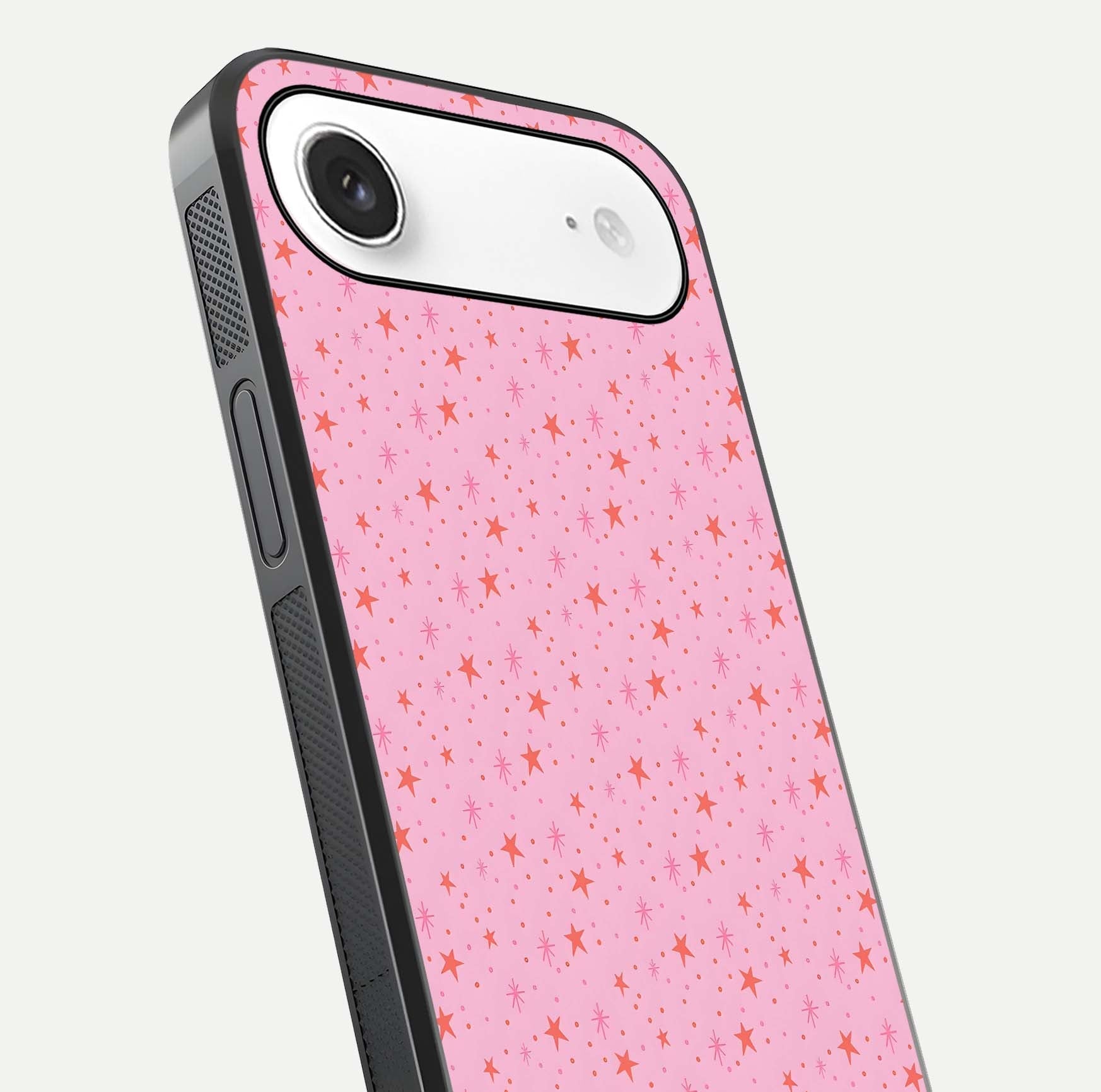 Cosmic Pink Sparkle iPhone Air glass phone case angled back view highlighting sparkling galaxy design and textured side grip
