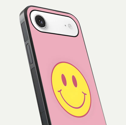 Happy Pink Mood iPhone Air glass phone case angled back view highlighting bright pink artwork and side grip texture