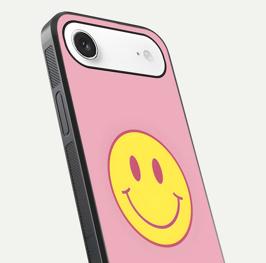 Happy Pink Mood iPhone Air glass phone case angled back view highlighting bright pink artwork and side grip texture