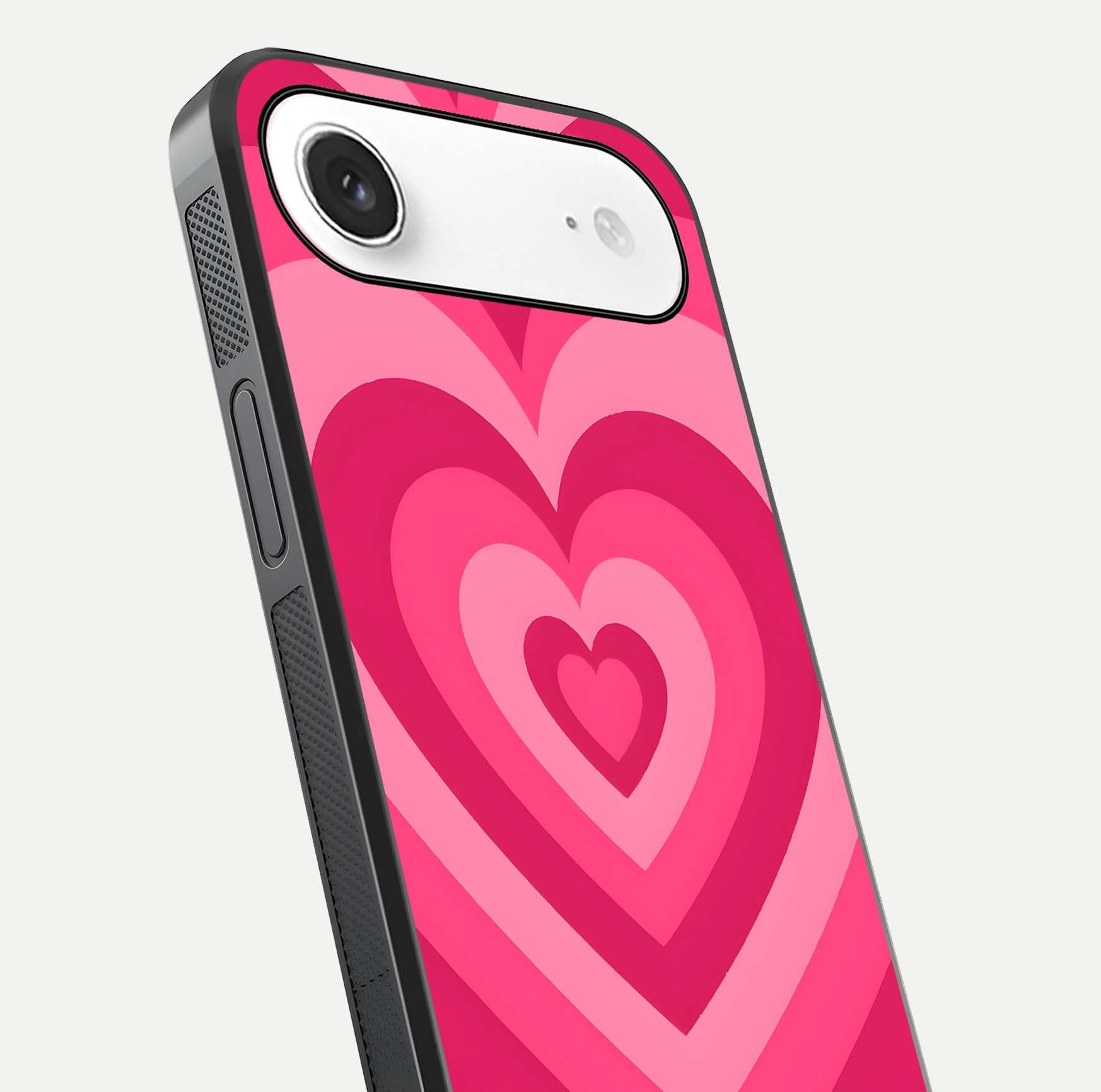 Layered Love Hearts iPhone Air glass phone case angled back view highlighting heart artwork and textured grip edges