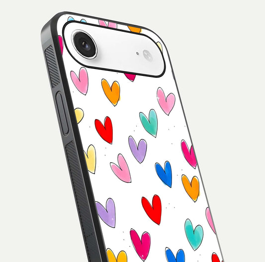 Playful Love Doodles iPhone Air glass phone case angled back view highlighting doodle artwork and textured grip edges