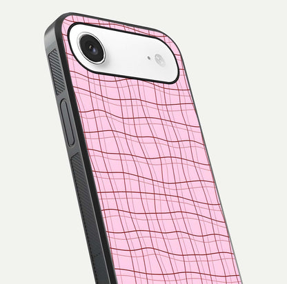 Soft Grid Bliss iPhone Air glass phone case angled back view highlighting grid artwork and side grip texture