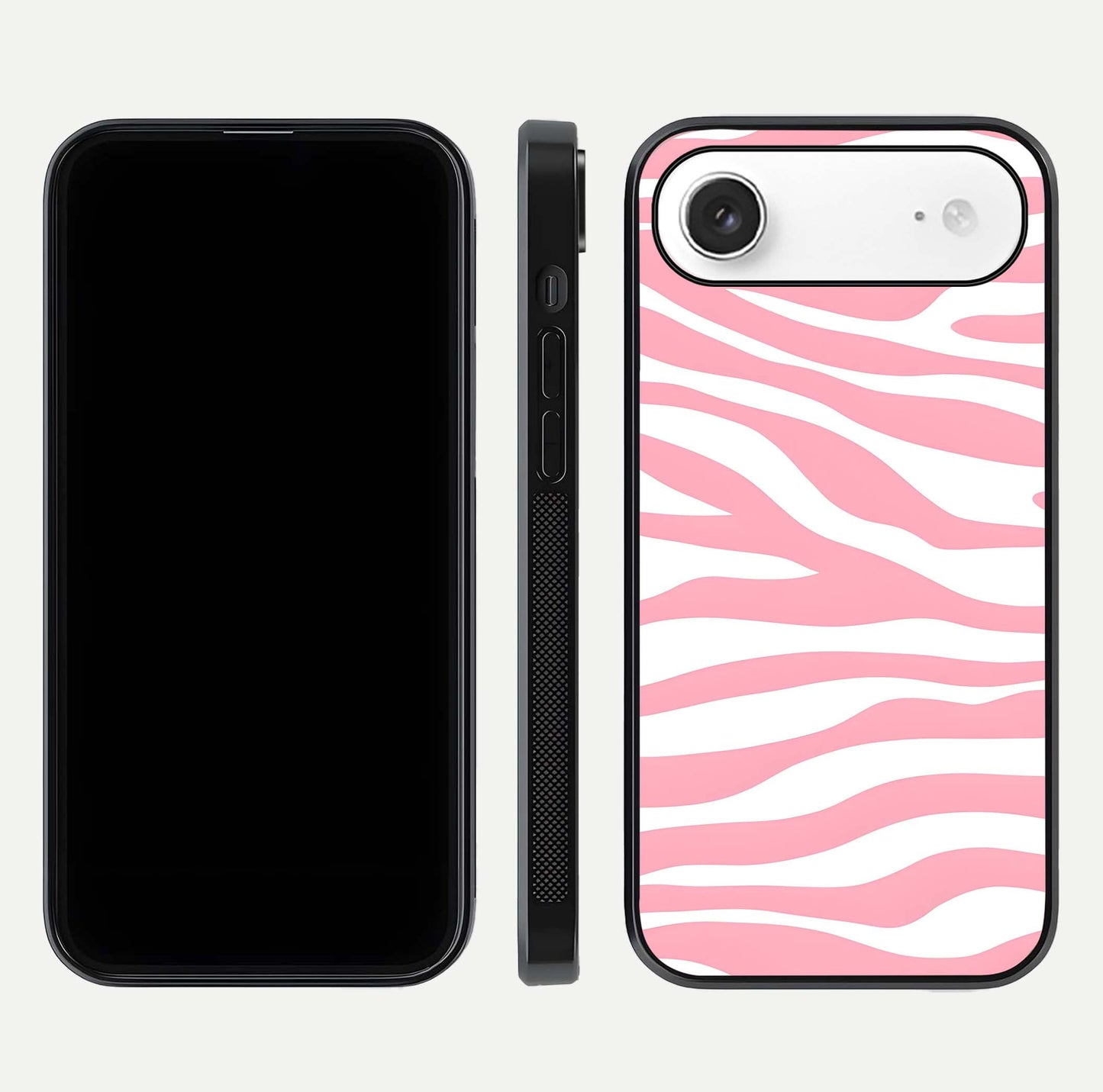 Blush Zebra Flow iPhone Air glass phone case front and side layout view showing slim build and flowing pattern coverage
