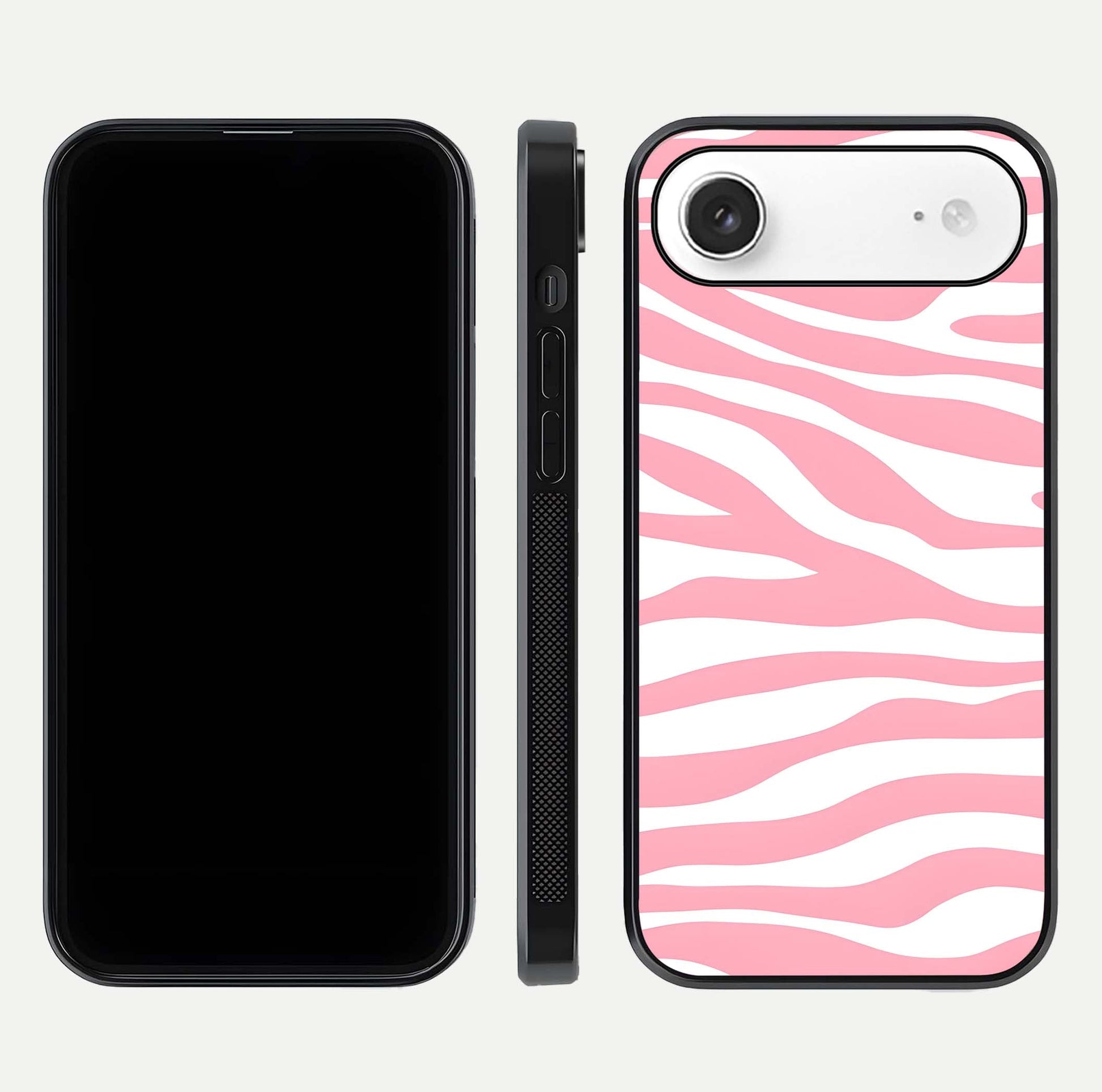 Blush Zebra Flow iPhone Air glass phone case front and side layout view showing slim build and flowing pattern coverage