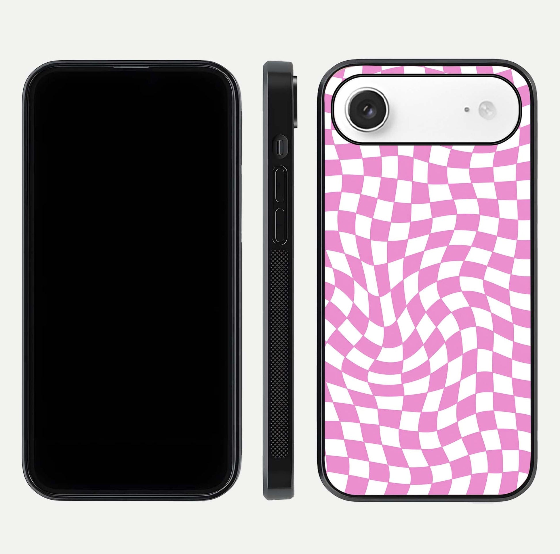 Bubblegum Check Wave iPhone Air glass phone case front and side layout view displaying slim profile and full pattern coverage