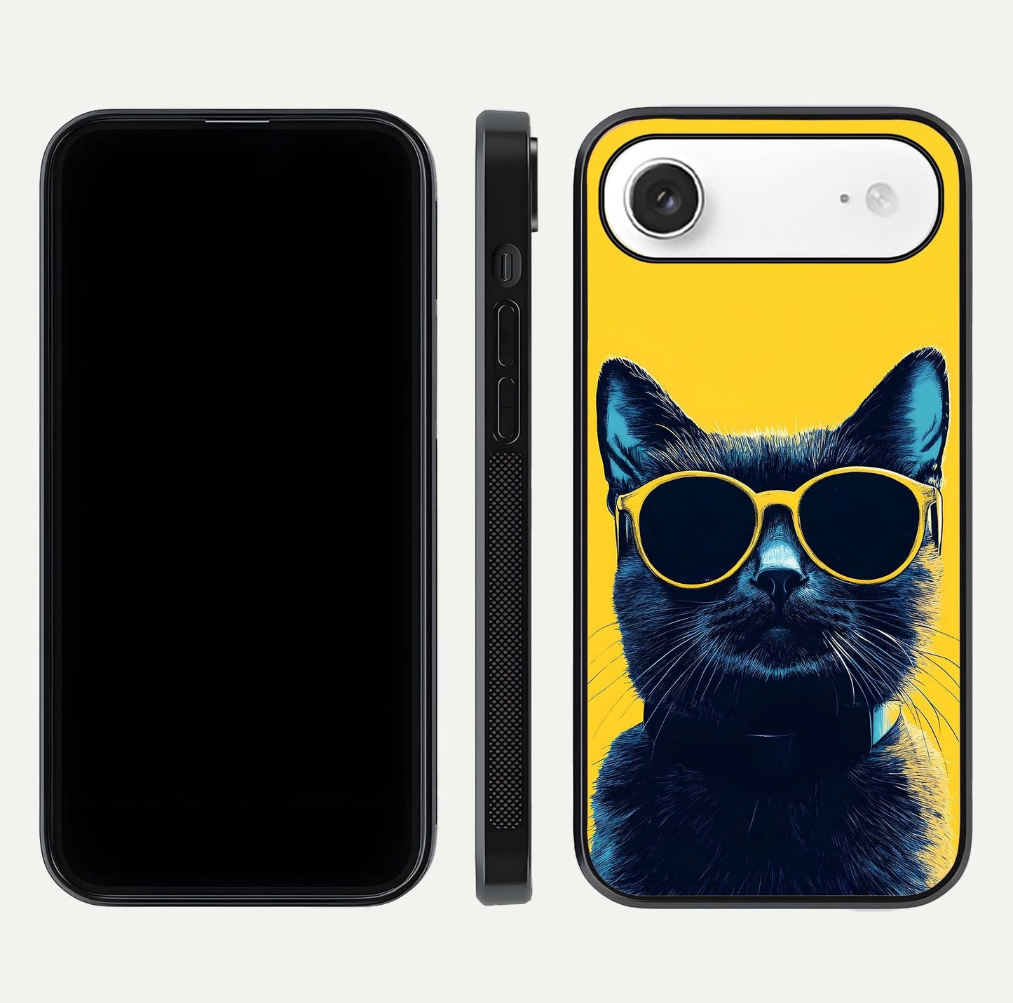 Cool Cat Vibes iPhone Air glass phone case front and side layout view showing slim frame and full design coverage