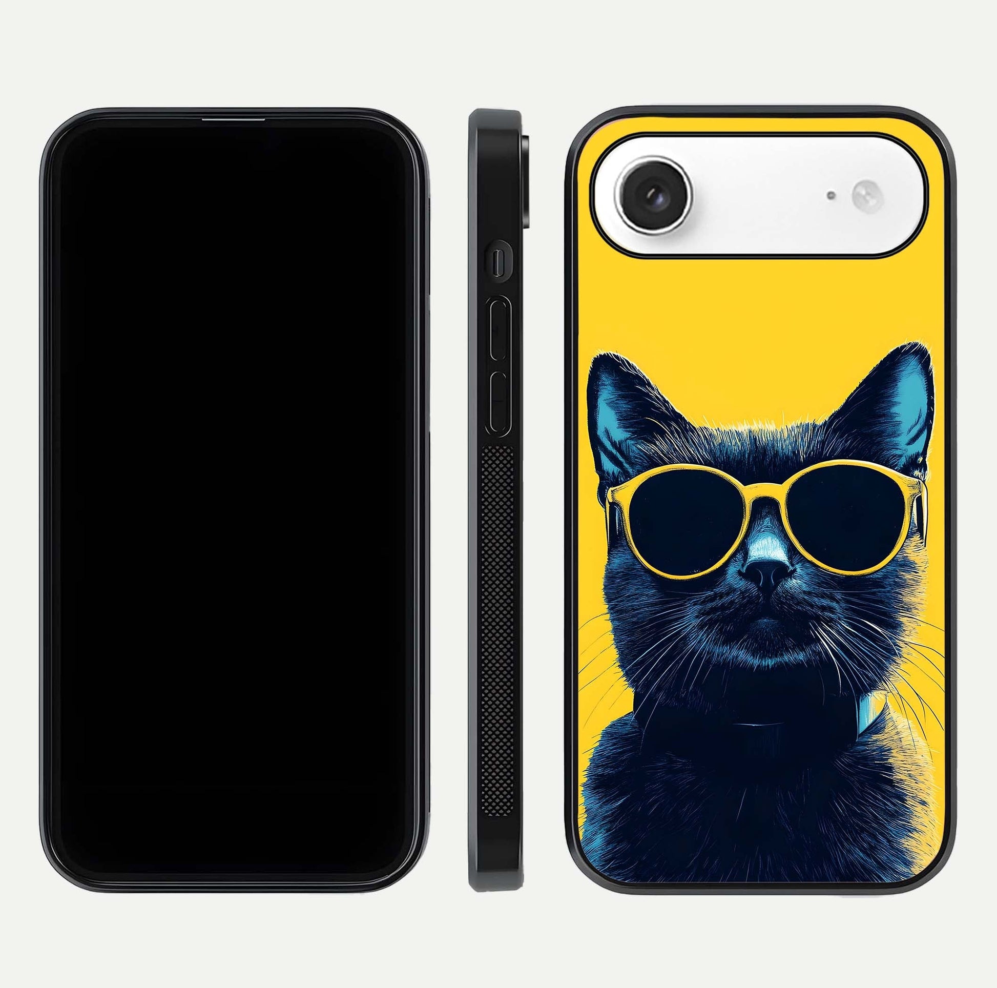 Cool Cat Vibes iPhone Air glass phone case front and side layout view showing slim frame and full design coverage