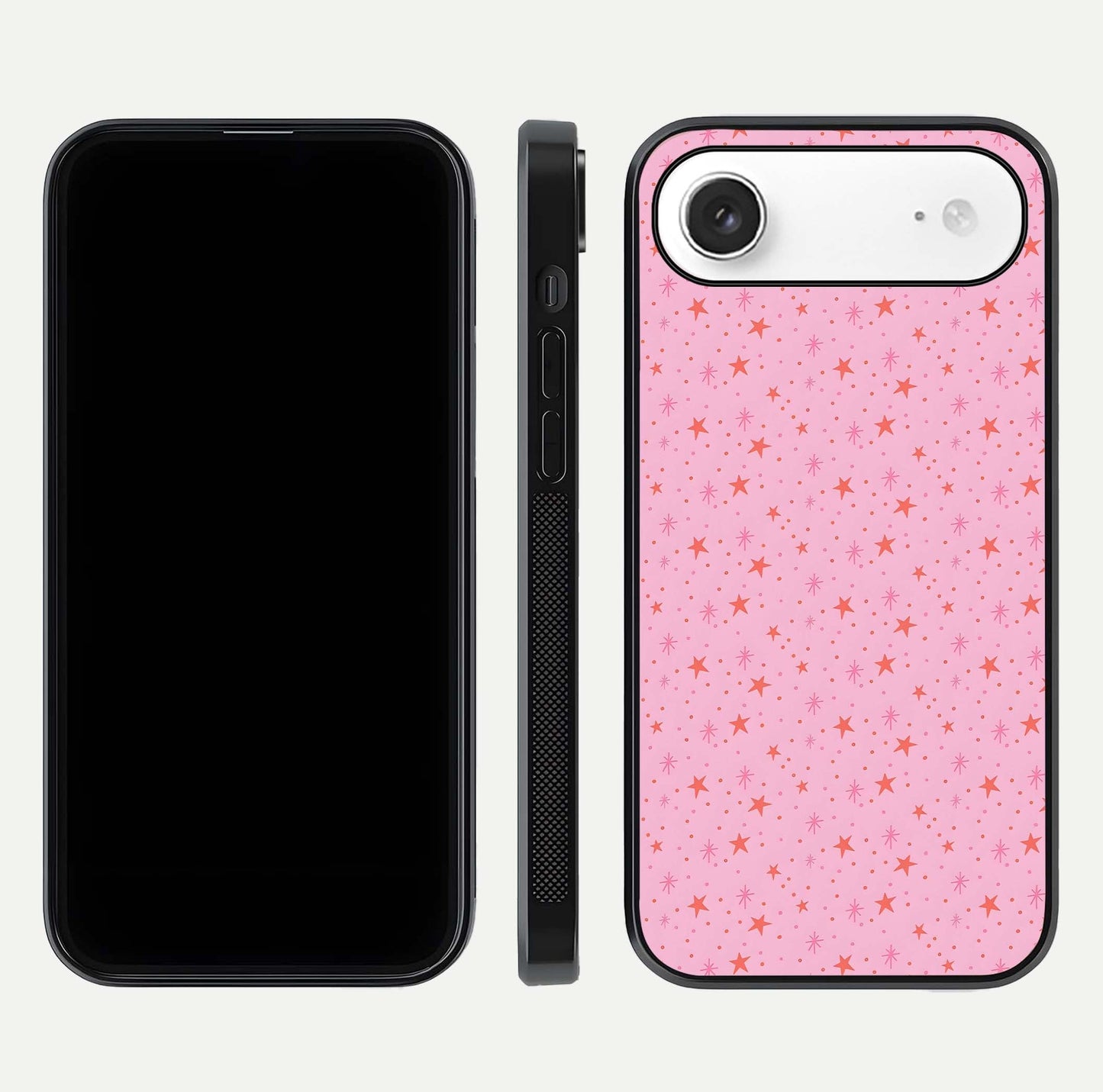 Cosmic Pink Sparkle iPhone Air glass phone case front and side layout view displaying slim profile and full cosmic coverage