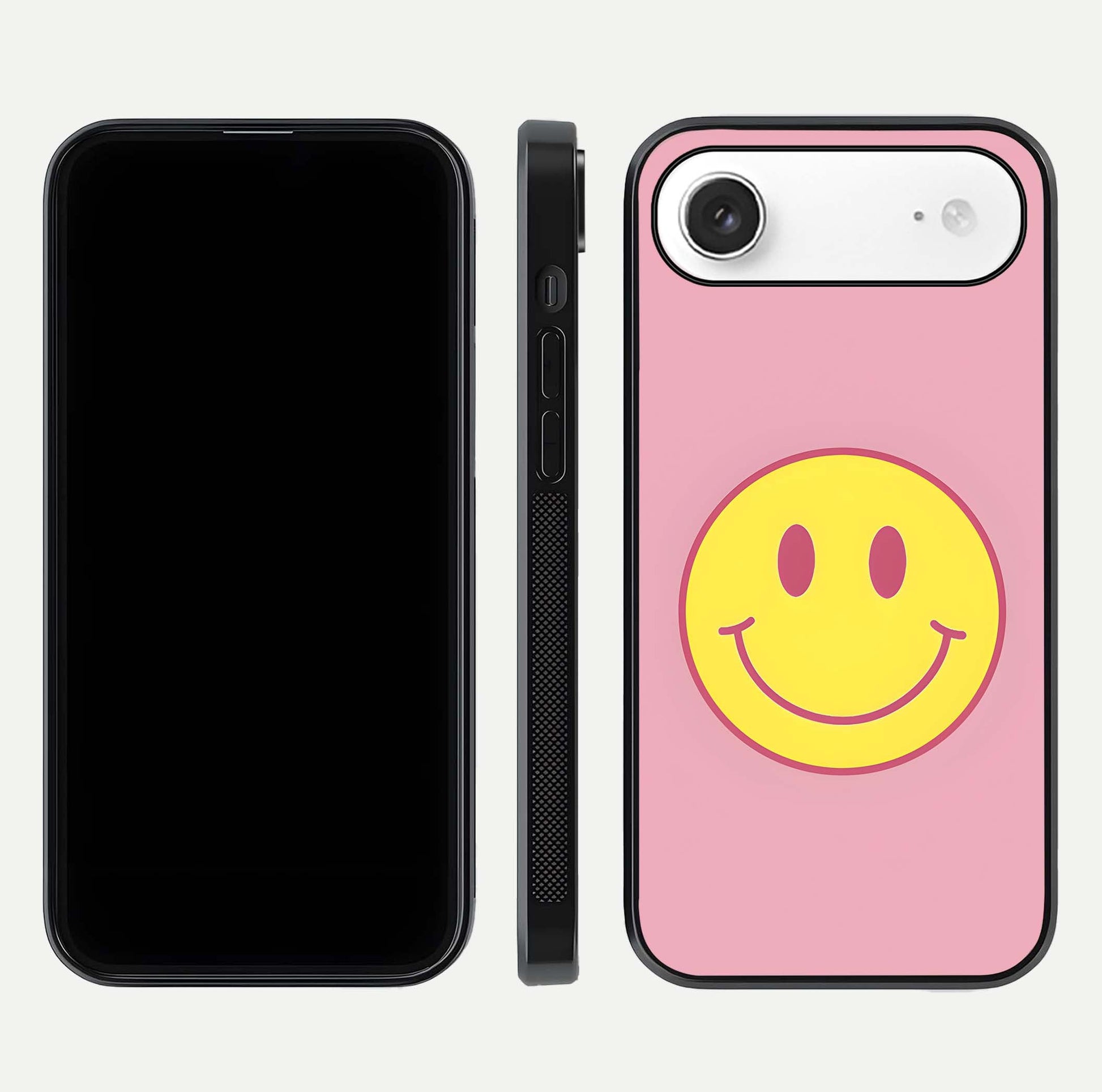 Happy Pink Mood iPhone Air glass phone case front and side layout view showing slim build and full pink coverage