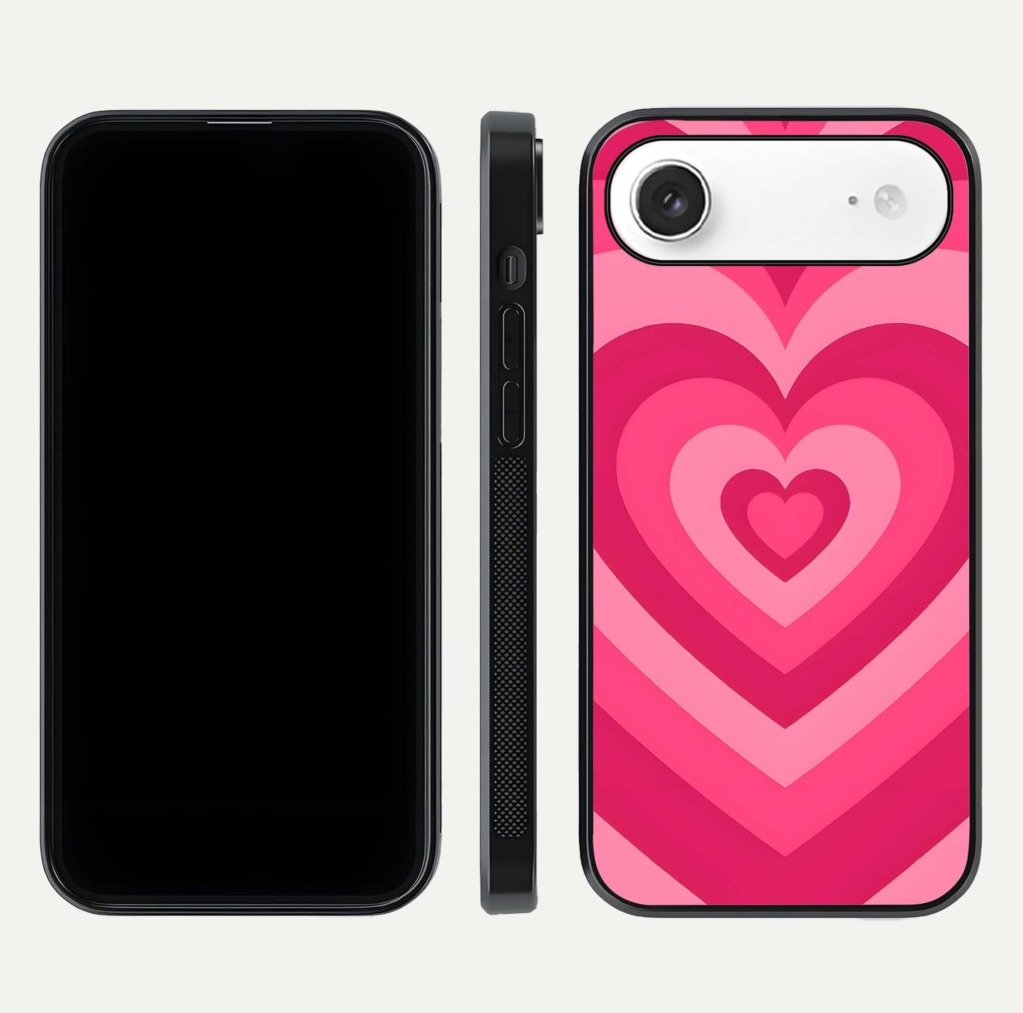 Layered Love Hearts iPhone Air glass phone case front and side layout view displaying slim profile and full heart design