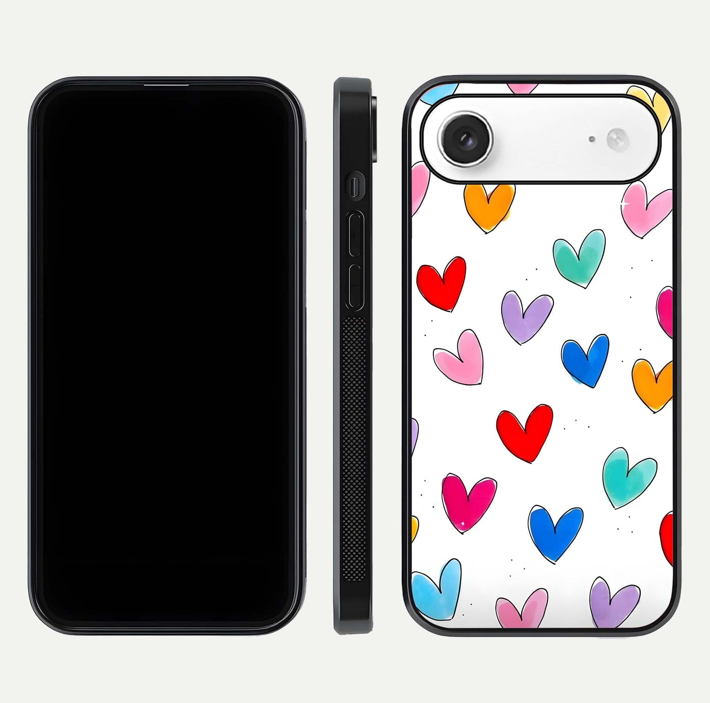 Playful Love Doodles iPhone Air glass phone case front and side layout view showing slim build and full doodle coverage
