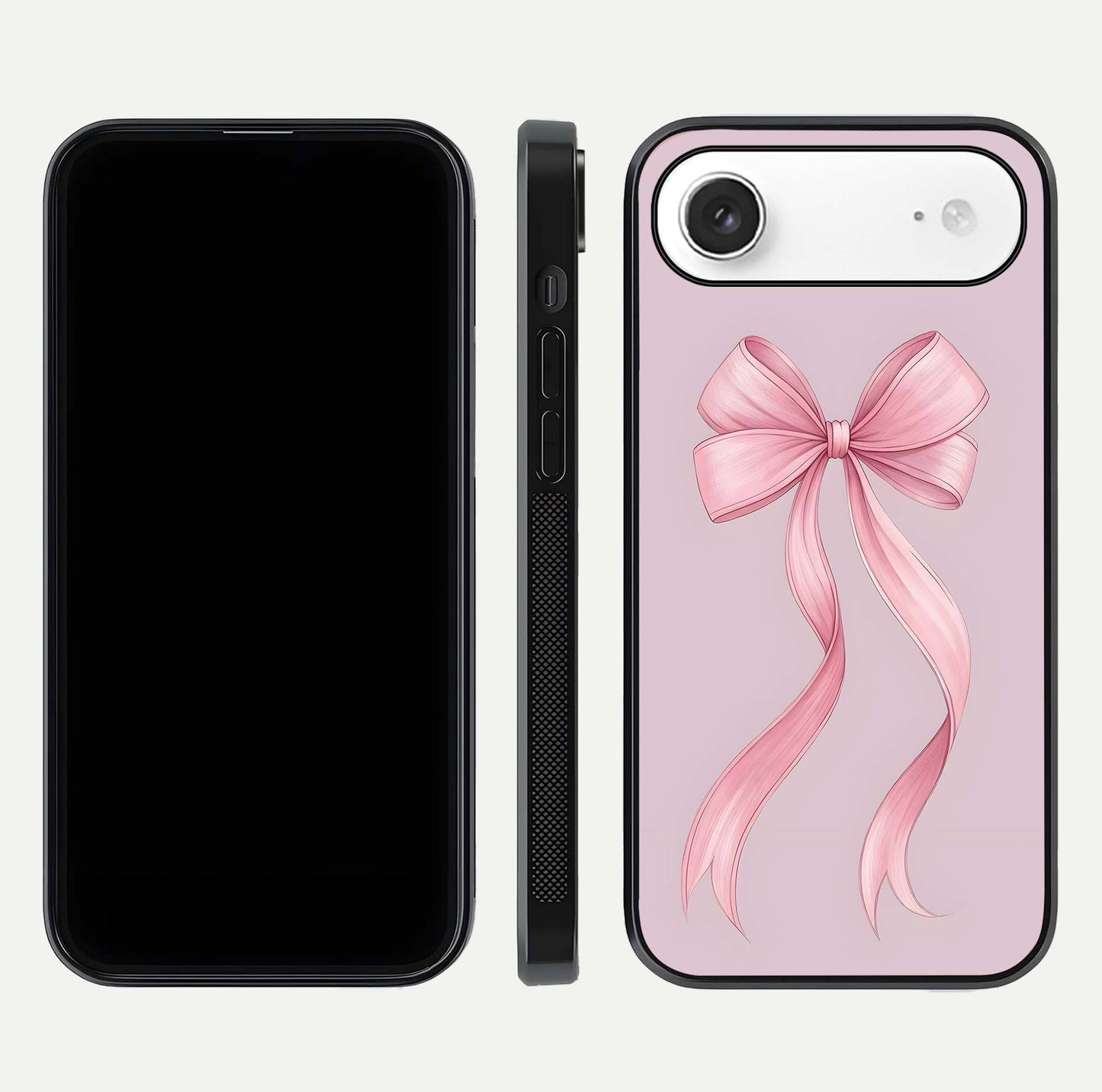 Soft Blush Bow iPhone Air glass phone case front and side layout view displaying slim profile and gentle aesthetic