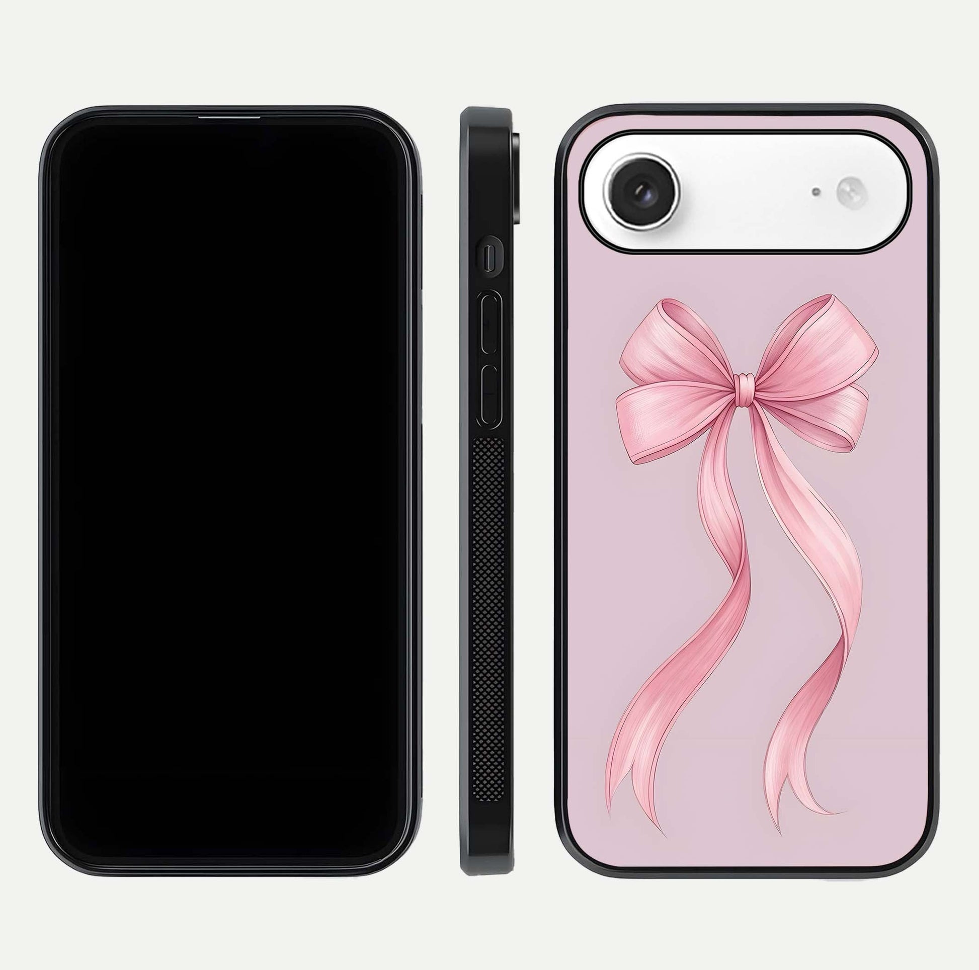 Soft Blush Bow iPhone Air glass phone case front and side layout view displaying slim profile and gentle aesthetic