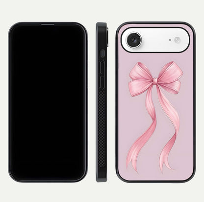 Soft Blush Bow iPhone Air glass phone case front and side layout view displaying slim profile and gentle aesthetic