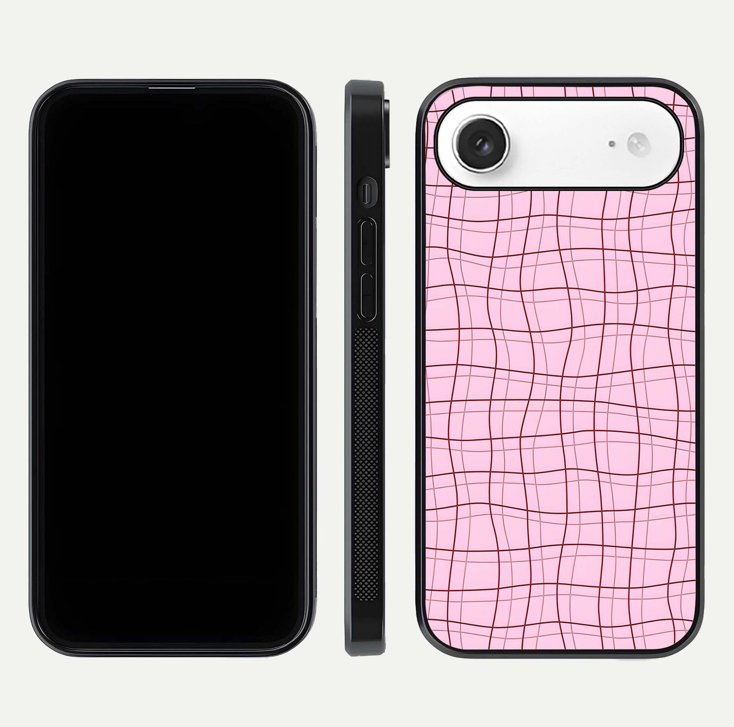 Soft Grid Bliss iPhone Air glass phone case front and side layout view displaying slim profile and clean design