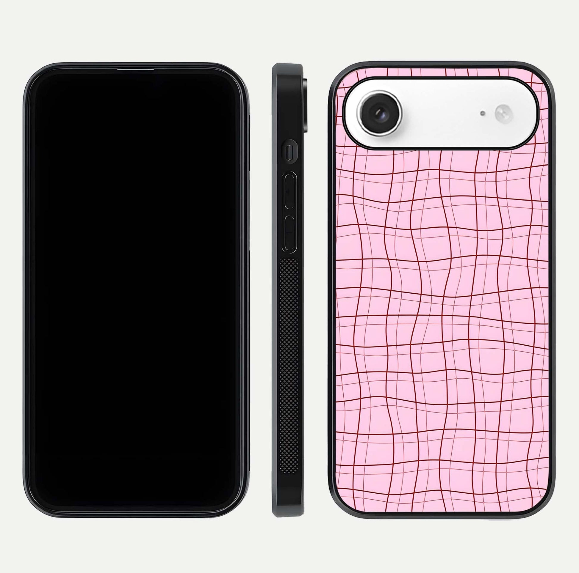 Soft Grid Bliss iPhone Air glass phone case front and side layout view displaying slim profile and clean design