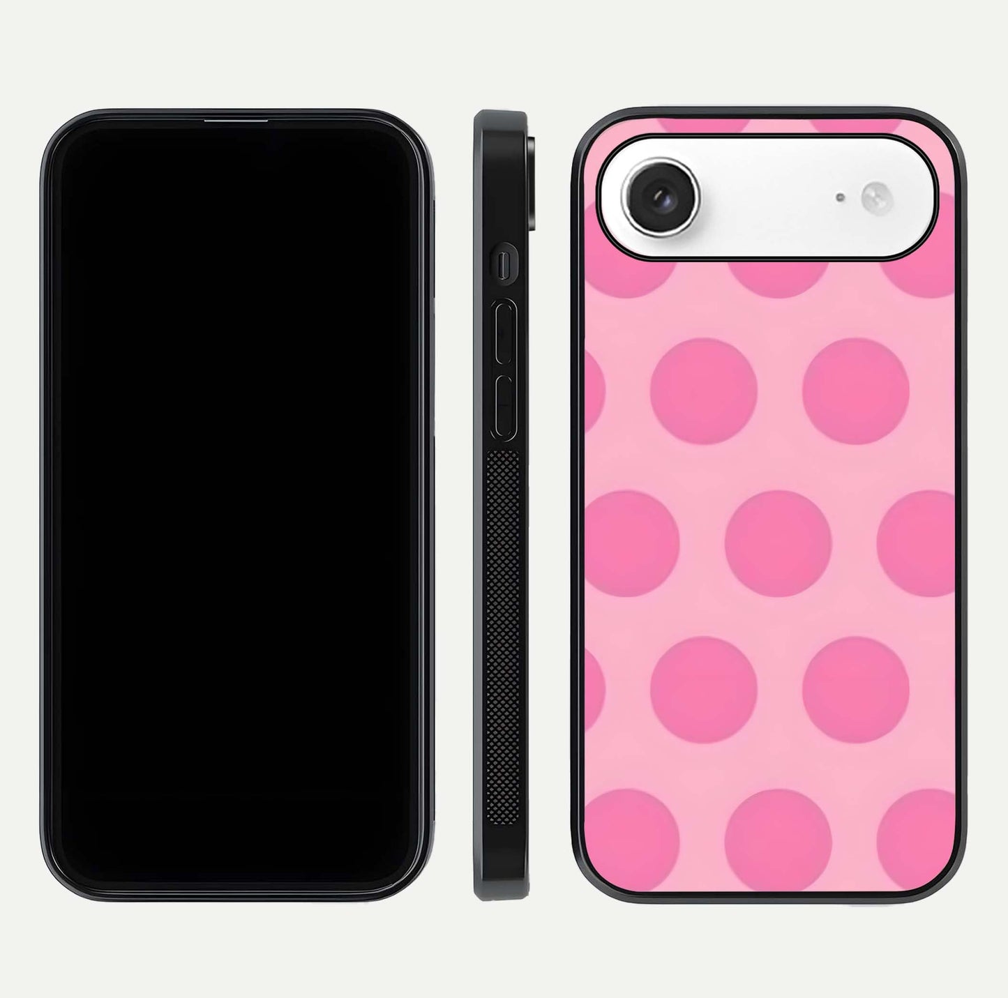 Sweet Dot Dreams iPhone Air glass phone case front and side layout view displaying slim build and full dot design