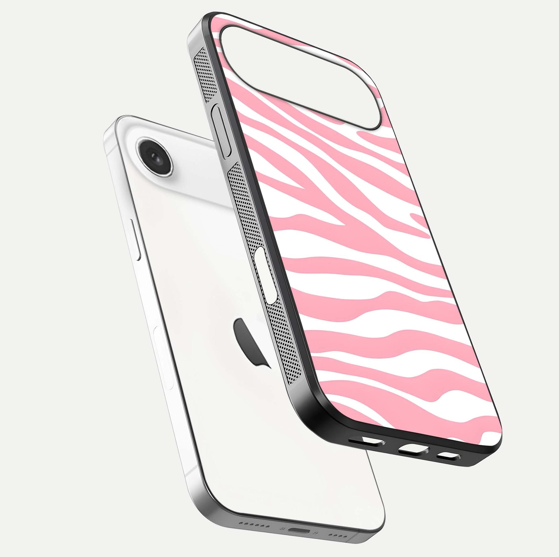 Blush Zebra Flow iPhone Air glass phone case floating view emphasizing premium glossy surface and dynamic design