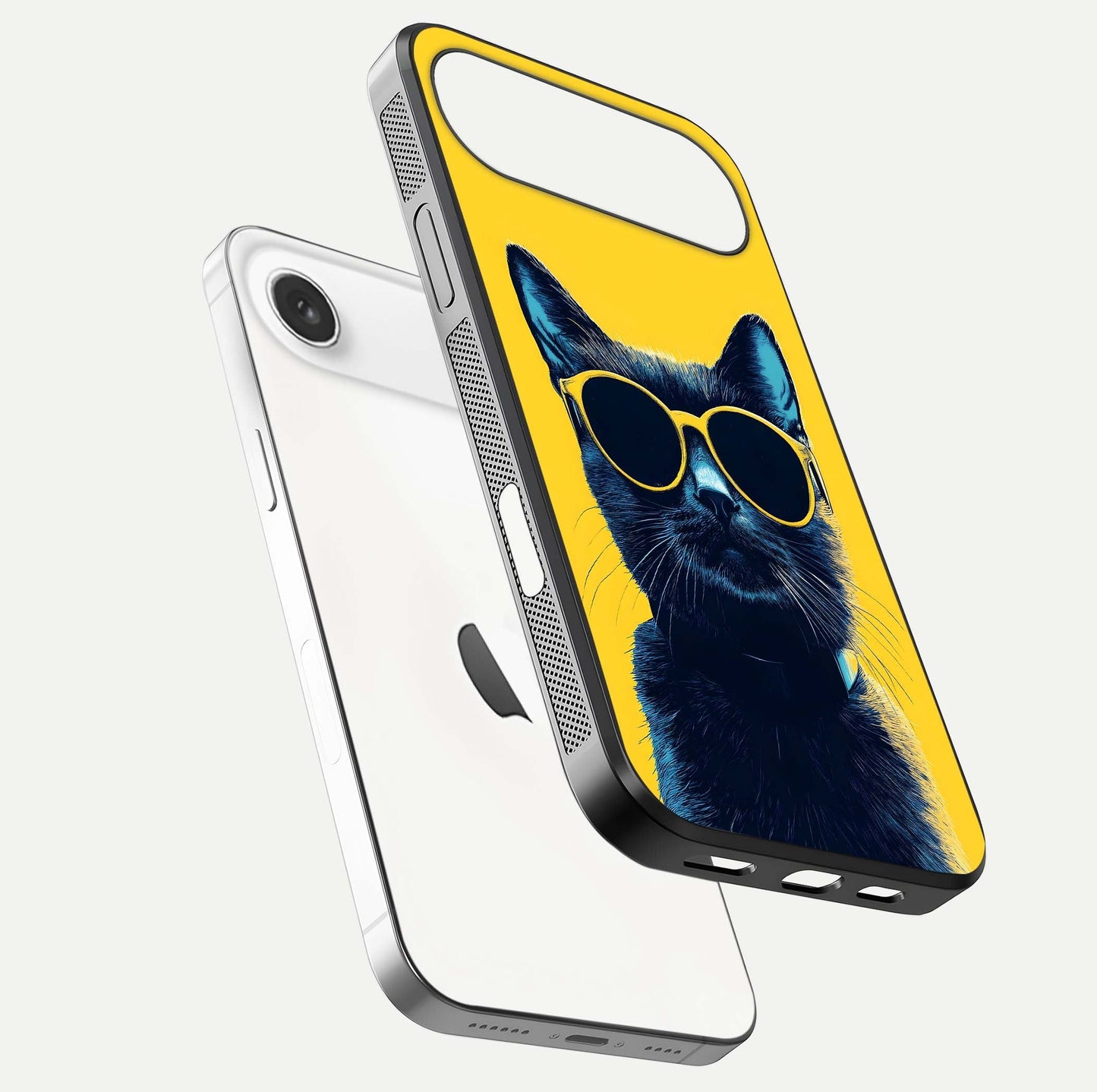 Cool Cat Vibes iPhone Air glass phone case floating view emphasizing glossy finish and fun cat vibe