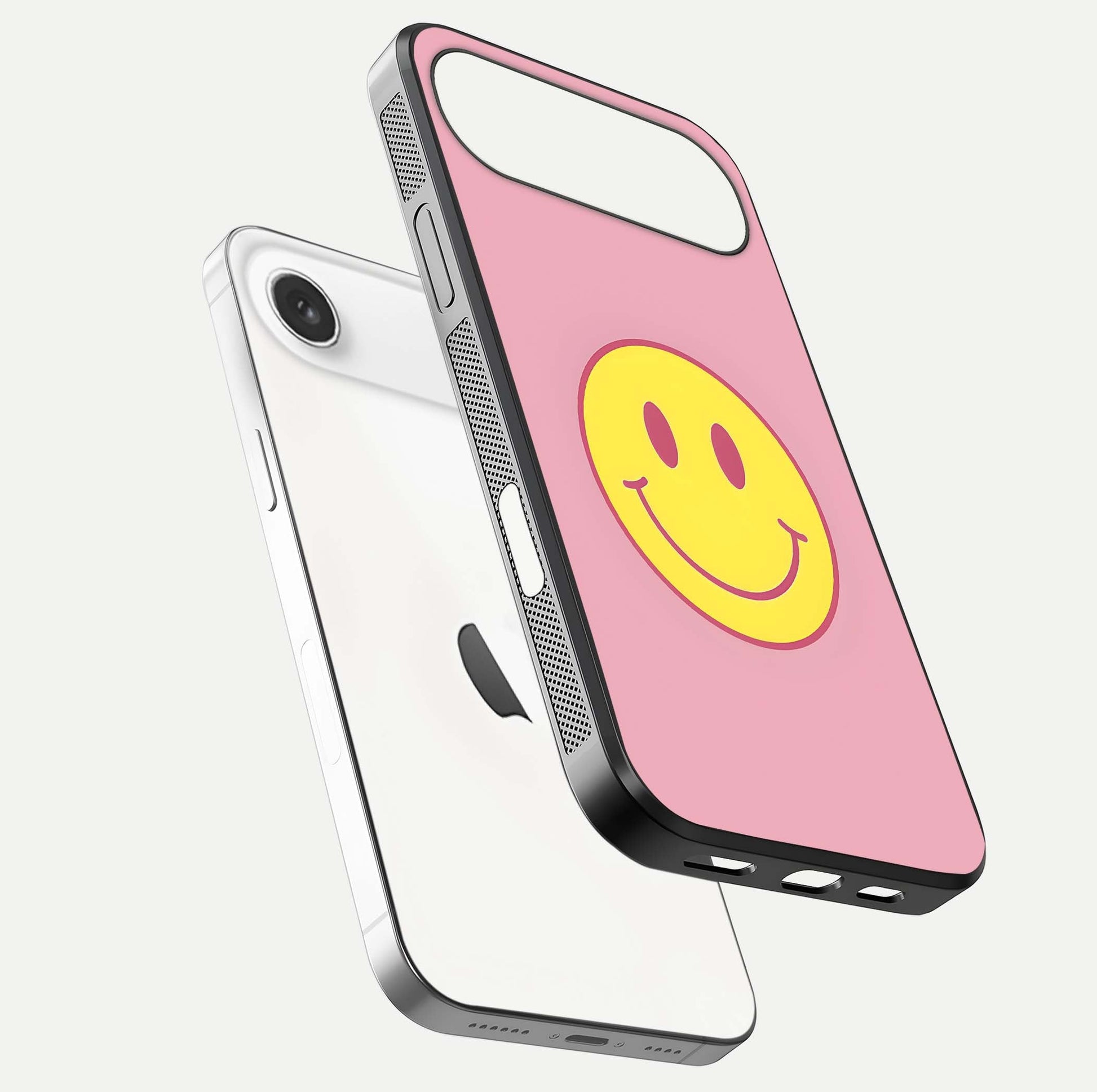 Happy Pink Mood iPhone Air glass phone case floating view emphasizing glossy finish and joyful color palette