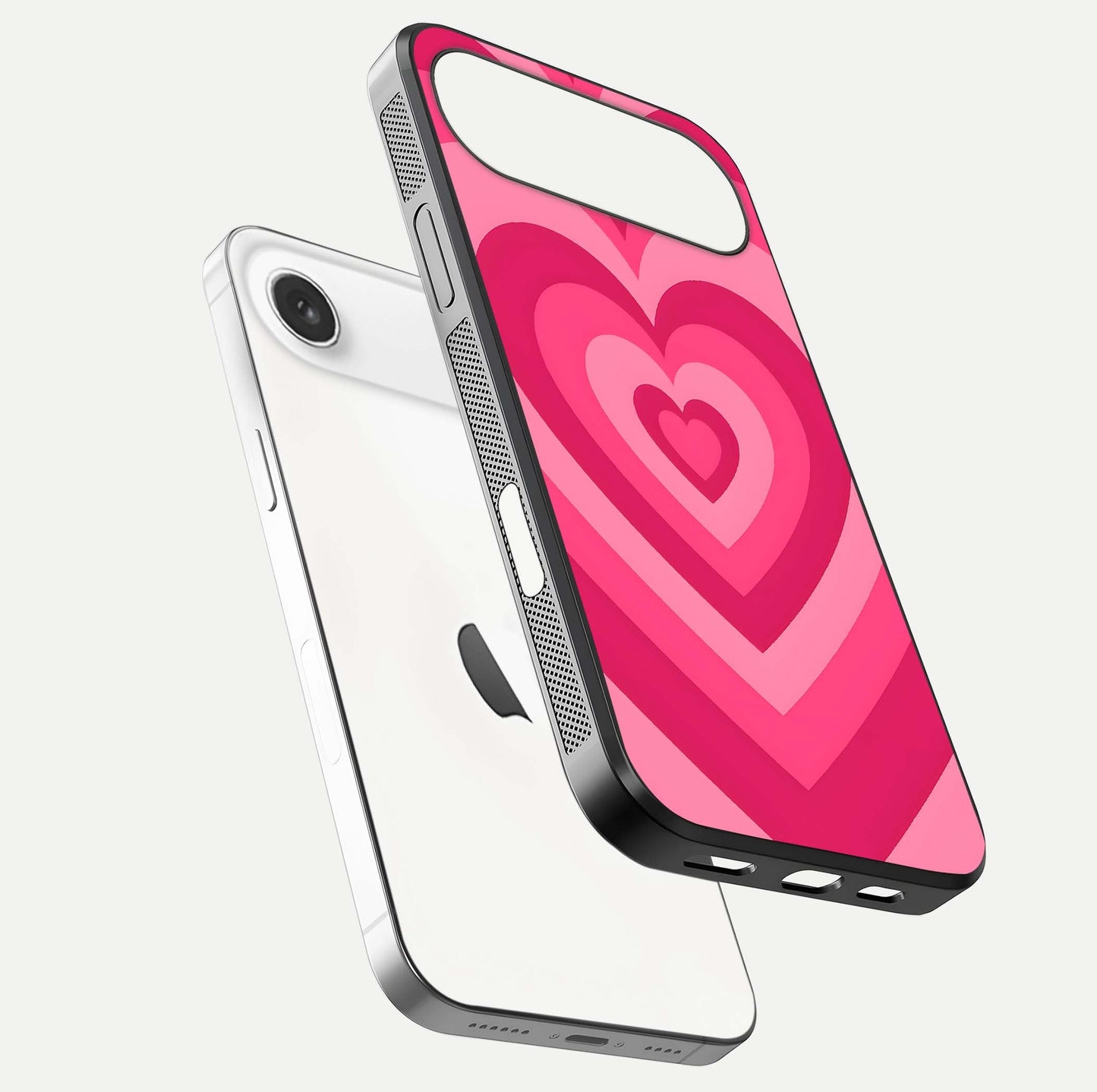 Layered Love Hearts iPhone Air glass phone case floating view emphasizing glossy surface and layered heart details