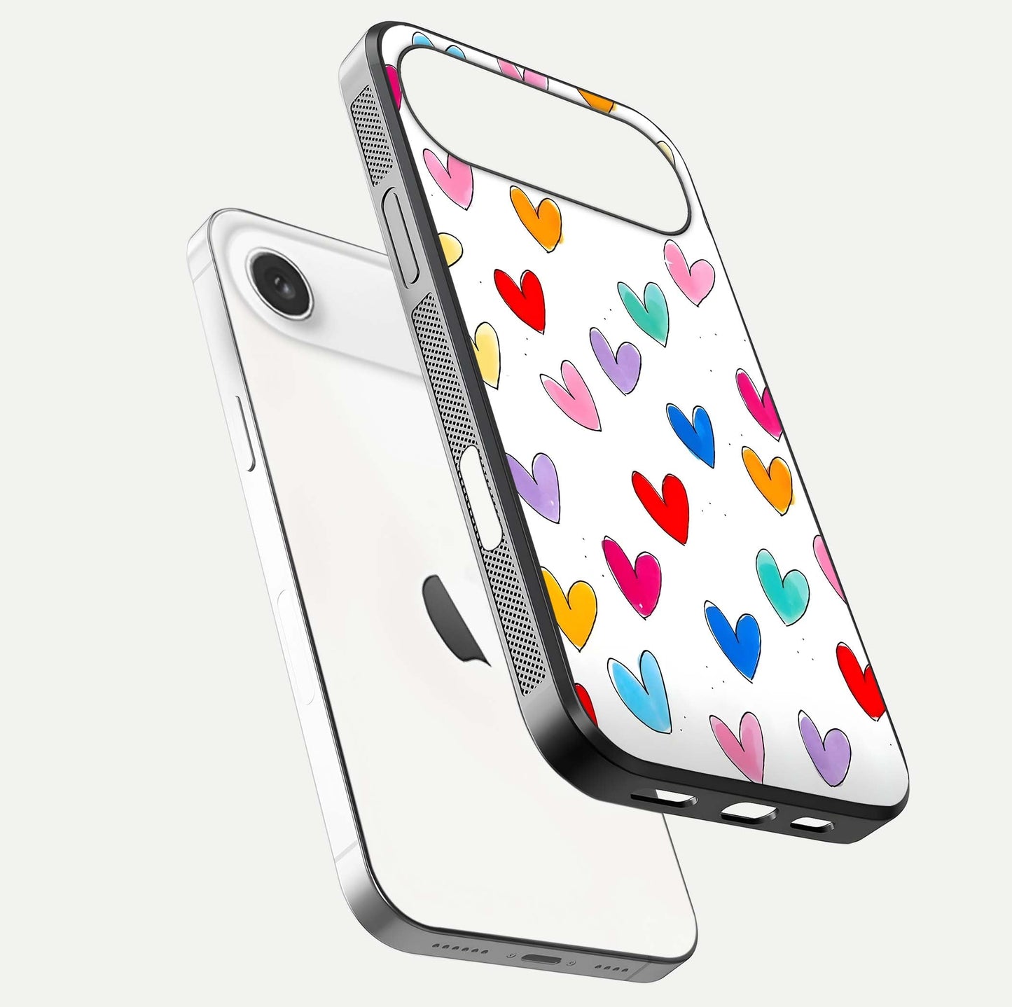 Playful Love Doodles iPhone Air glass phone case floating view emphasizing glossy finish and playful design