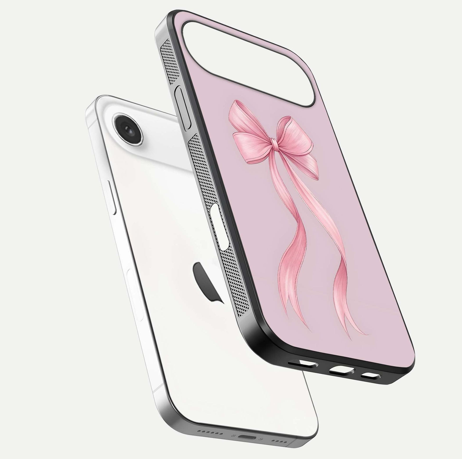 Soft Blush Bow iPhone Air glass phone case floating view emphasizing glossy surface and soft feminine styling