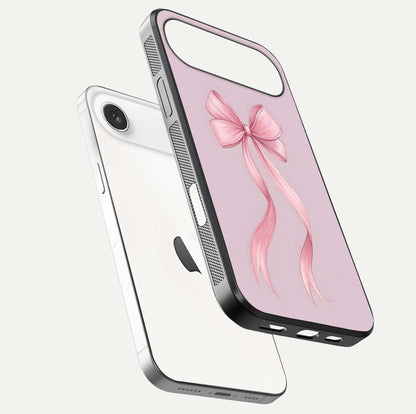 Soft Blush Bow iPhone Air glass phone case floating view emphasizing glossy surface and soft feminine styling