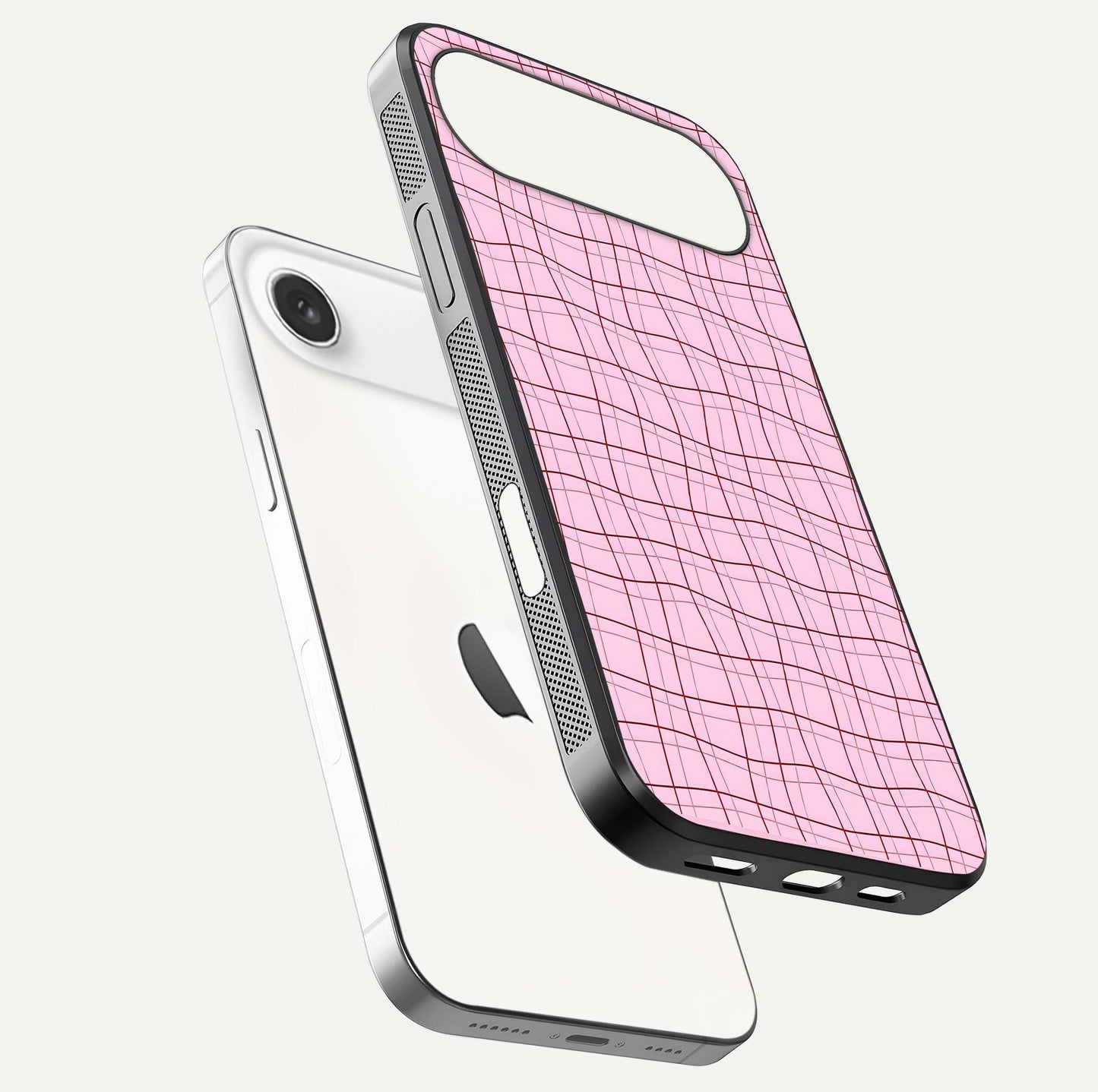 Soft Grid Bliss iPhone Air glass phone case floating view emphasizing glossy surface and minimal styling